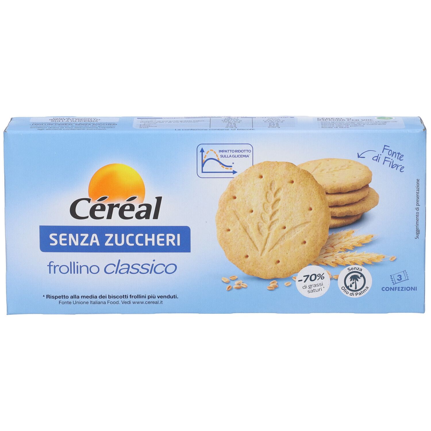 Biscotti Cereál Senza Zuccheri Frollino Classico su confezione azzurra, con primo piano sui biscotti e spighe di grano.