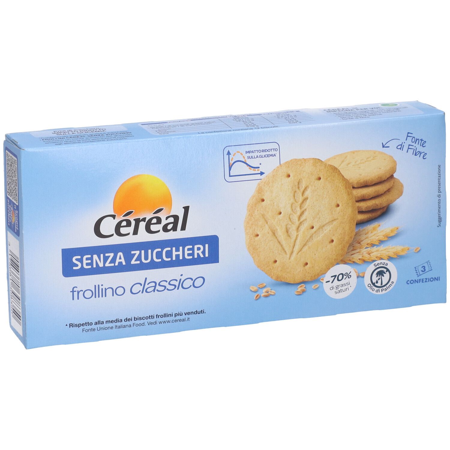 Biscotti Cereál Senza Zuccheri Frollino Classico su confezione azzurra, con primo piano sui biscotti e spighe di grano.