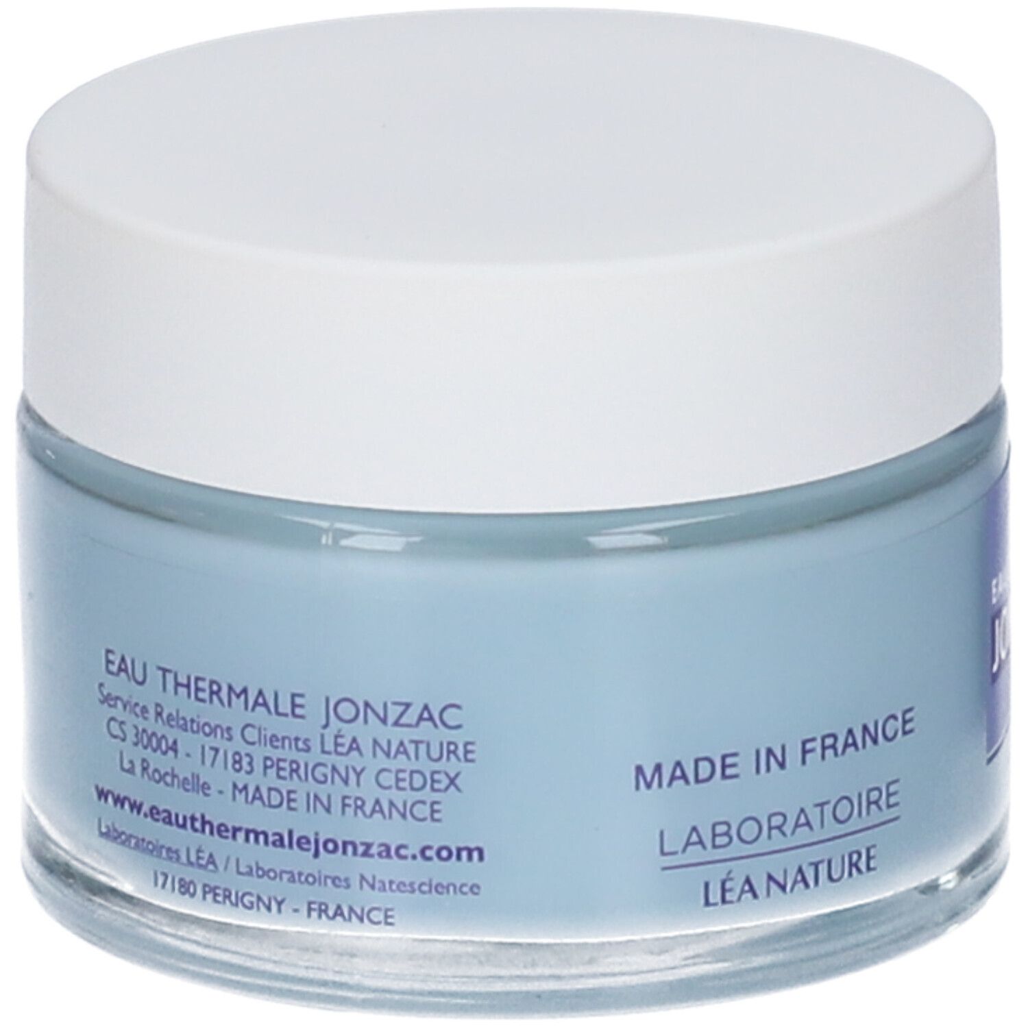 Vasetto di crema-gel blu con coperchio bianco. Scritte: Eau Thermale Jonzac, Made in France, Laboratoire Léa Nature. Indirizzo del sito web.