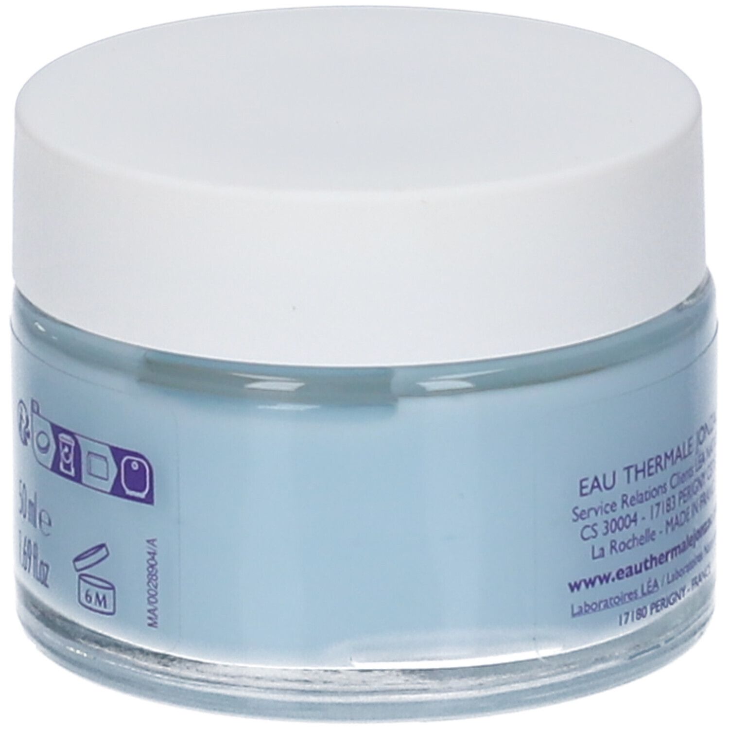 Vasetto di crema-gel blu con coperchio bianco. Scritte: Eau Thermale Jonzac. Informazioni sulla durata e simbolo di riciclaggio.