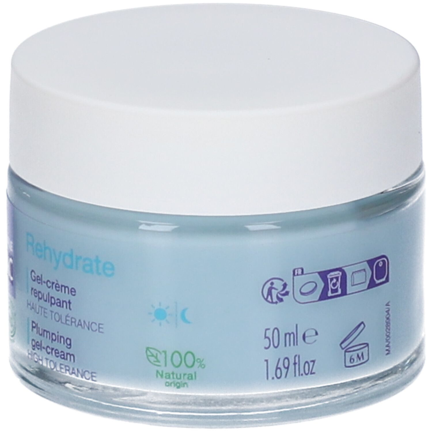 Vasetto di crema-gel blu con coperchio bianco. Scritte: Rehydrate, Gel-crème repulpant, Haute Tolérance, 50 ml, 1.69 fl.oz. 100% Natural origin.