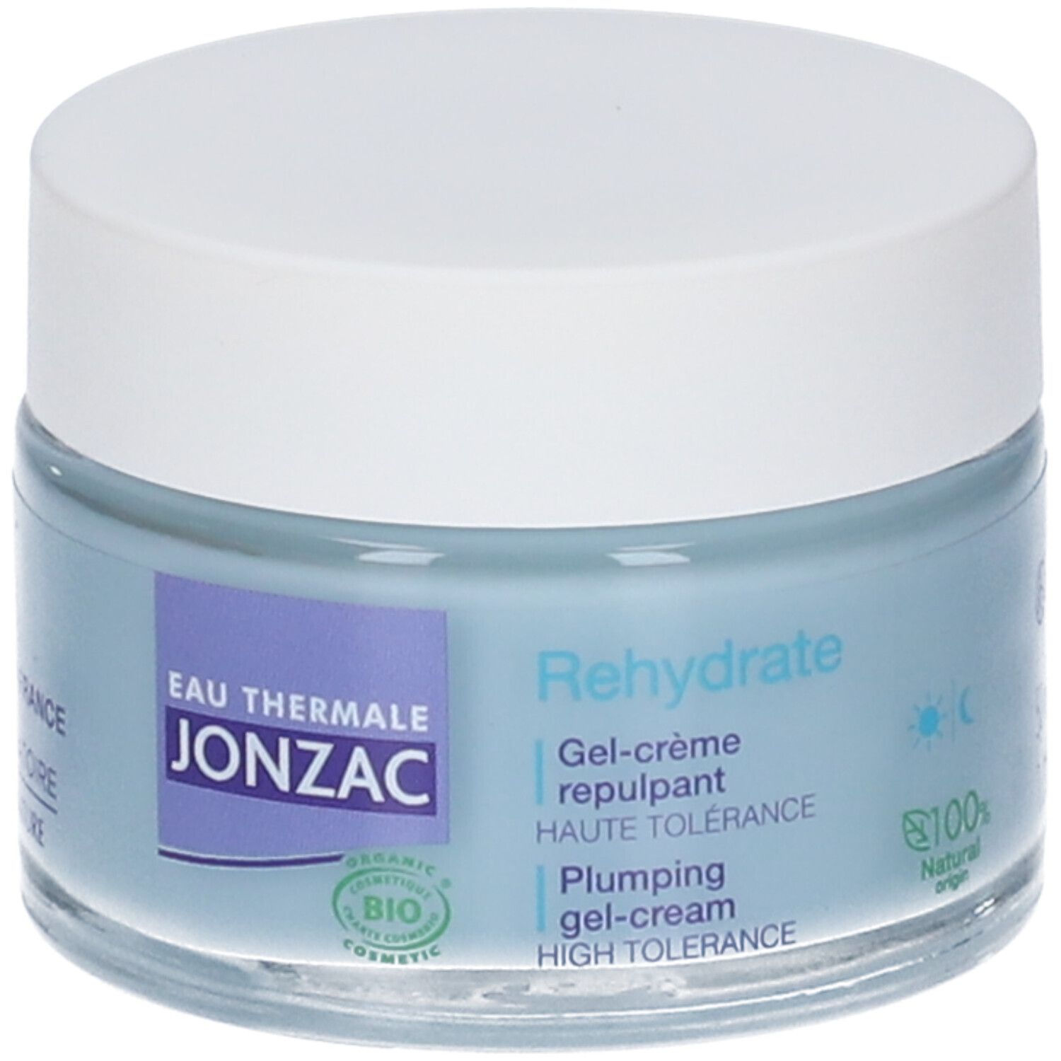 Vasetto di crema-gel blu con coperchio bianco. Scritte: Eau Thermale Jonzac, Rehydrate, Gel-crème repulpant, Haute Tolérance. Certificazione Bio.
