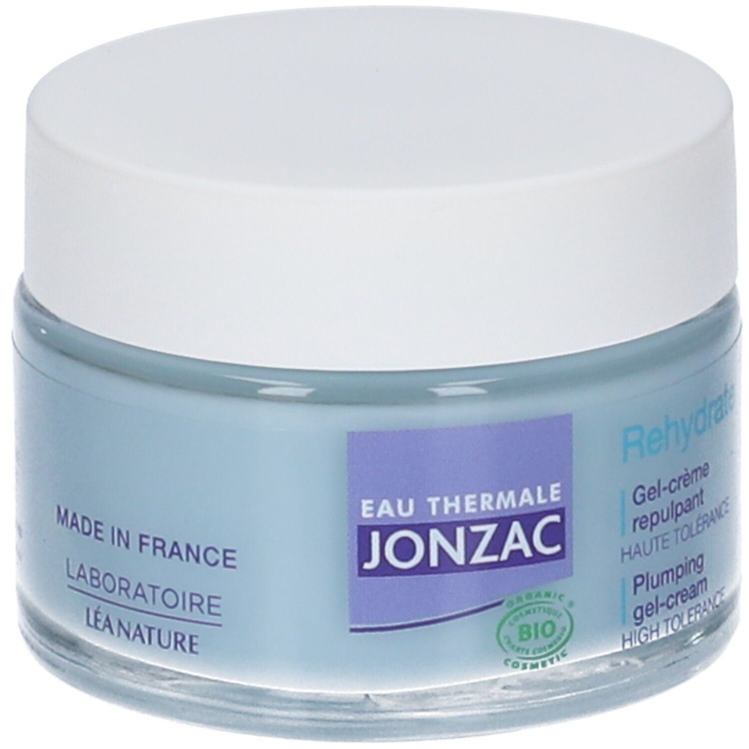 Vasetto di crema-gel blu con coperchio bianco. Scritte: Eau Thermale Jonzac, Rehydrate, Gel-crème repulpant, Haute Tolérance. Made in France.