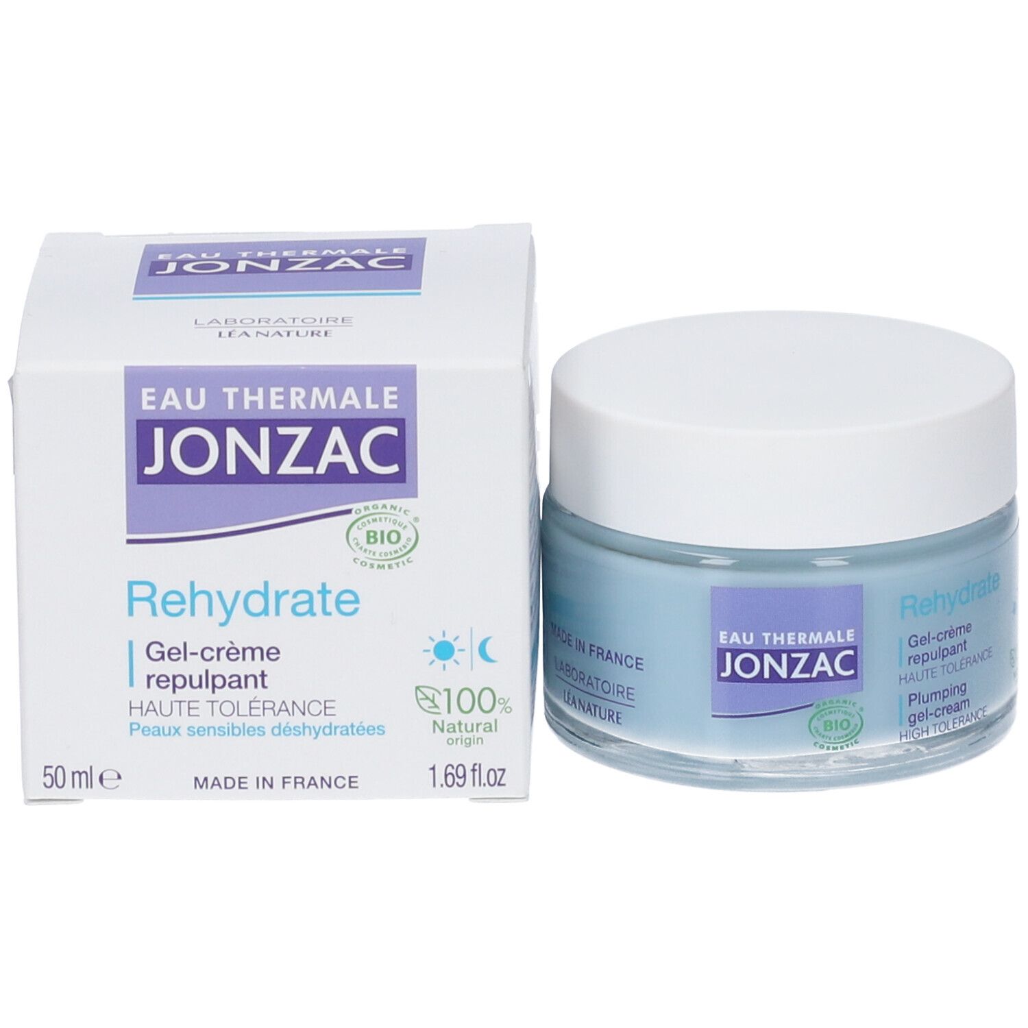 Vasetto di crema-gel e scatola. Scritte: Eau Thermale Jonzac, Rehydrate, Gel-crème repulpant, Haute Tolérance, 50 ml, 1.69 fl.oz. 100% Natural origin.