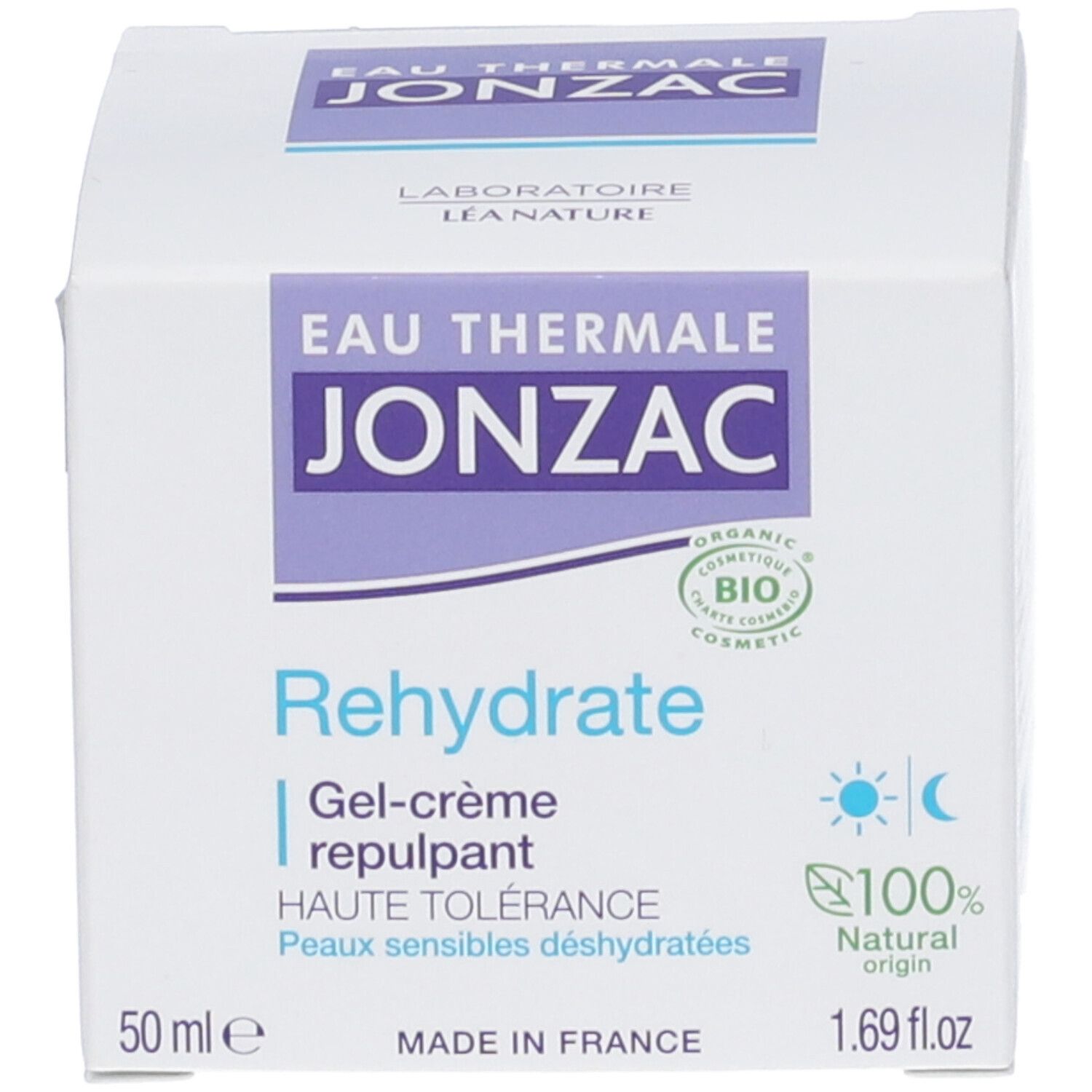 Scatola. Scritte: Eau Thermale Jonzac, Rehydrate, Gel-crème repulpant, Haute Tolérance, 50 ml, 1.69 fl.oz. 100% Natural origin.