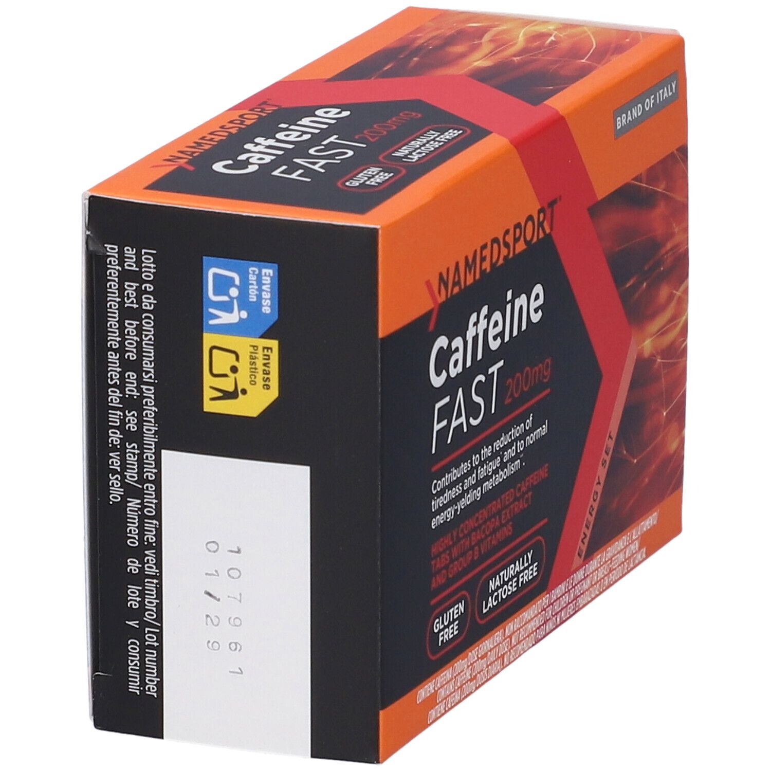 Scatola NAMEDSPORT Caffeine FAST 200mg. Arancione e nero. Senza glutine, senza lattosio. Testo e logo. Prodotto in Italia.