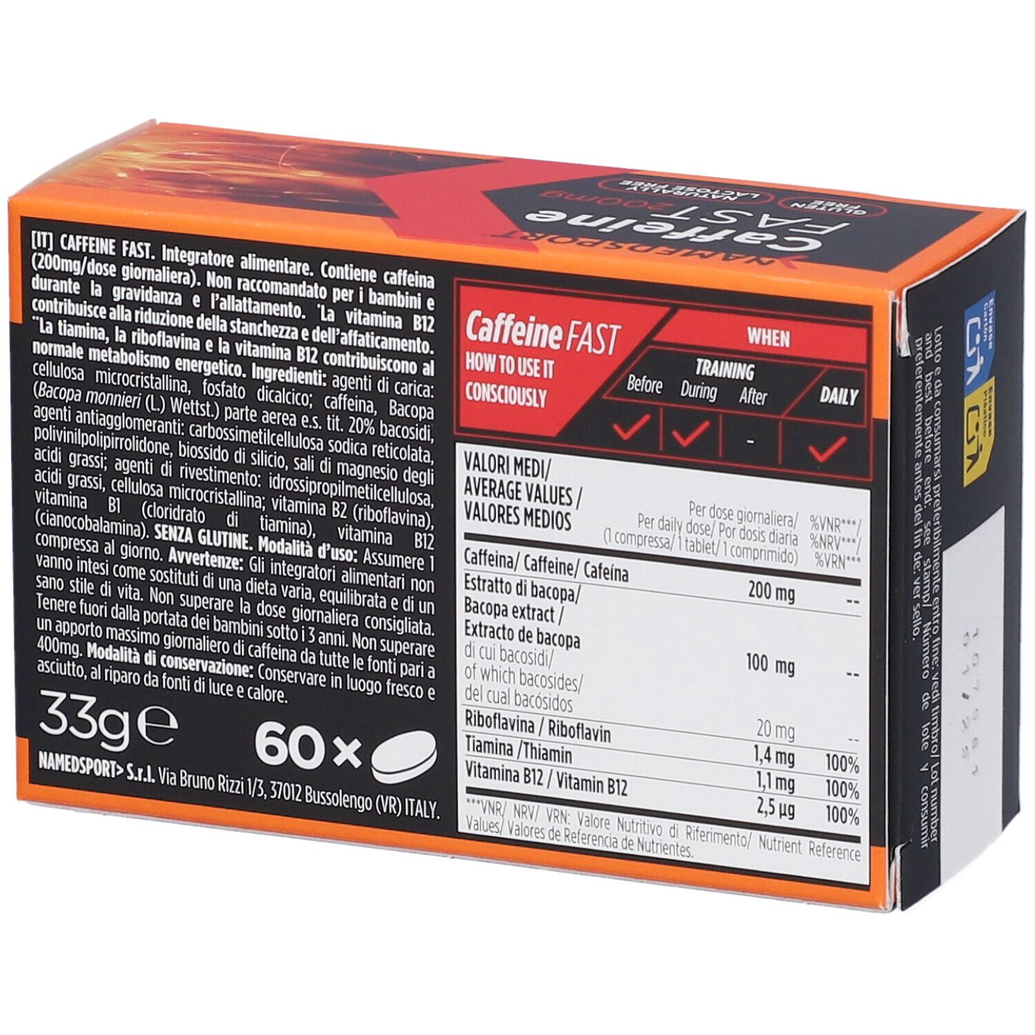 Scatola NAMEDSPORT Caffeine FAST 200mg. Contiene 60 compresse. Informazioni nutrizionali. Arancione e nero. Senza glutine, senza lattosio.