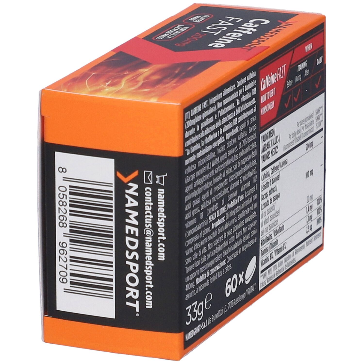 Scatola NAMEDSPORT Caffeine FAST 200mg. Retro con testo e codice a barre. Arancione e nero. Senza glutine, senza lattosio. Made in Italy.