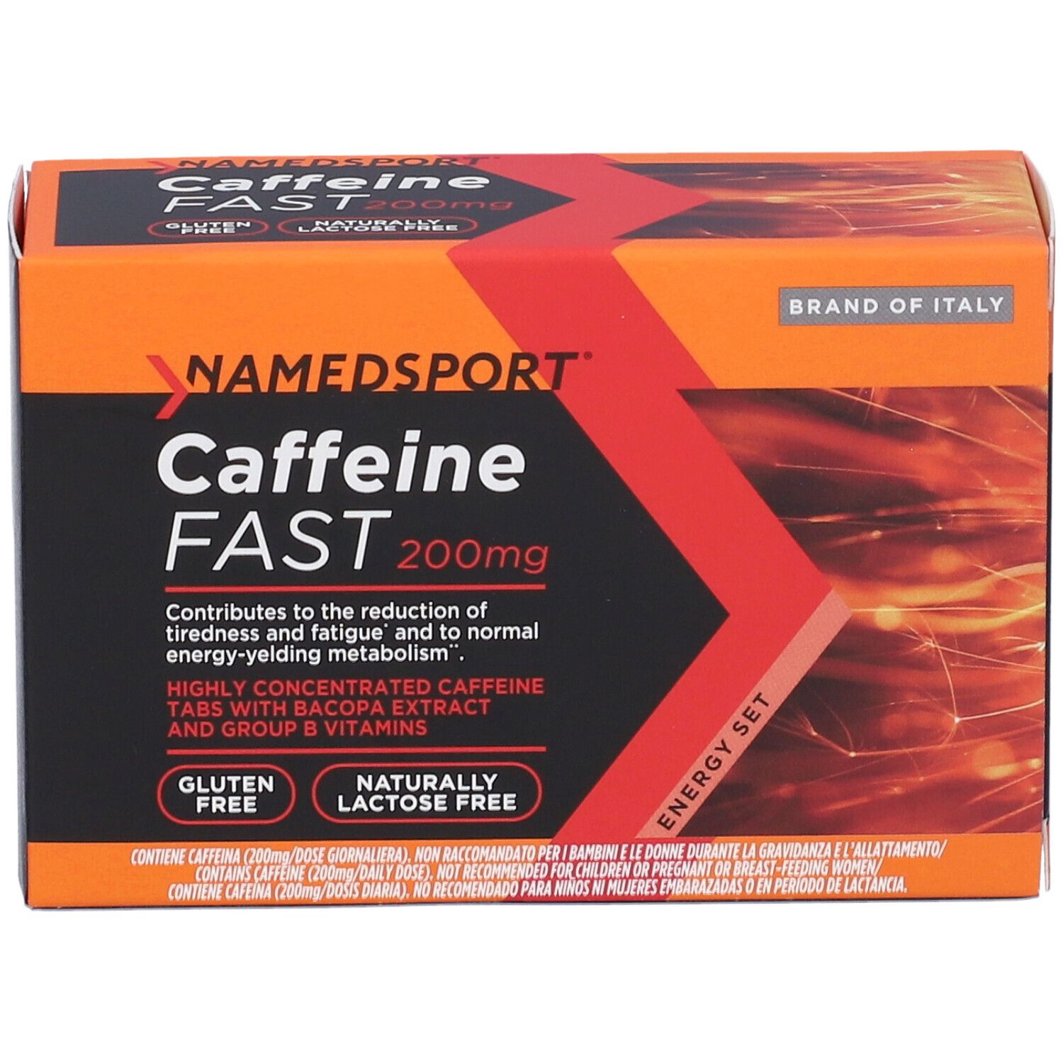 Scatola NAMEDSPORT Caffeine FAST 200mg. Arancione e nero. Senza glutine, senza lattosio. Marchio italiano. Contiene compresse.