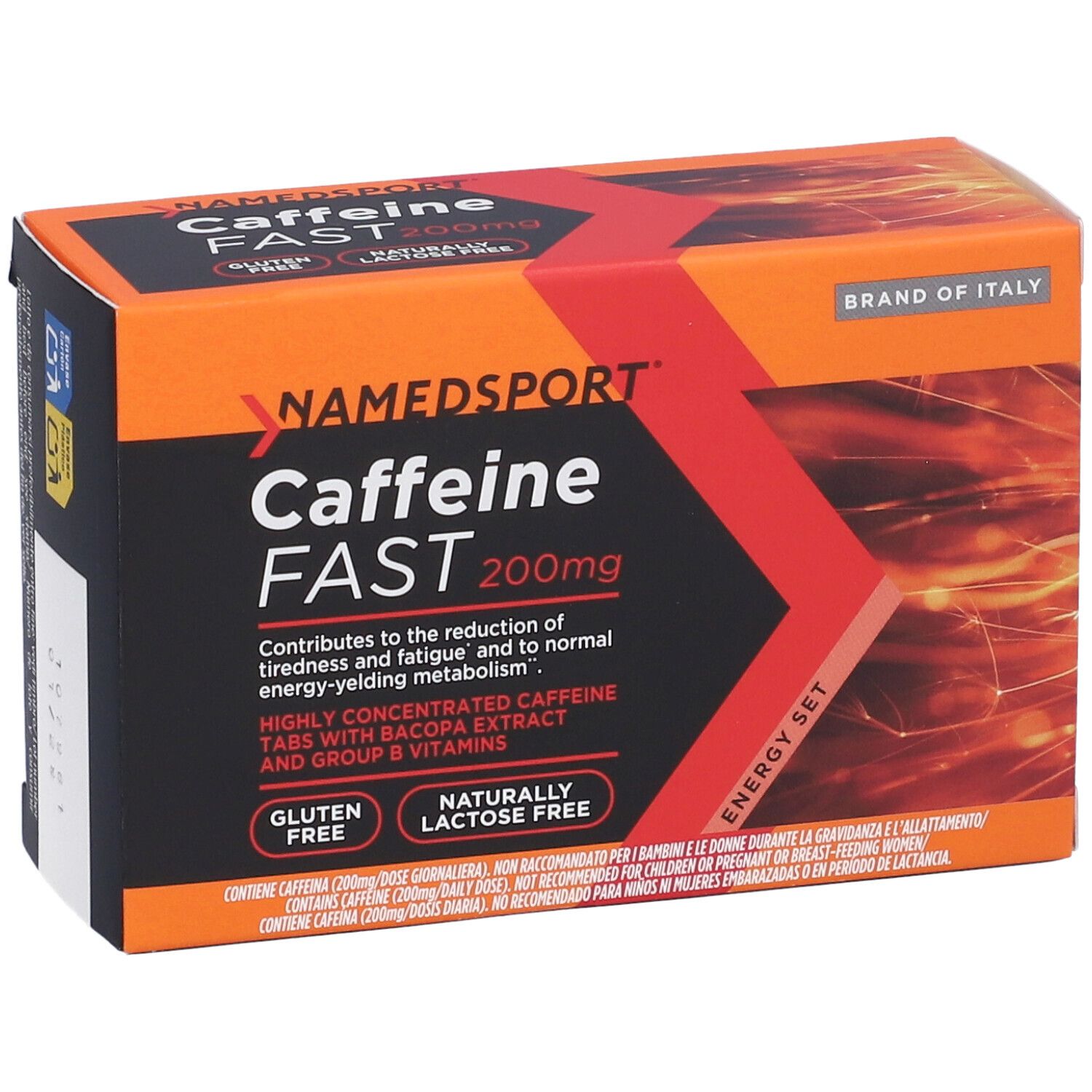 Scatola NAMEDSPORT Caffeine FAST 200mg. Arancione e nero. Senza glutine, senza lattosio. Marchio italiano. Contiene compresse.