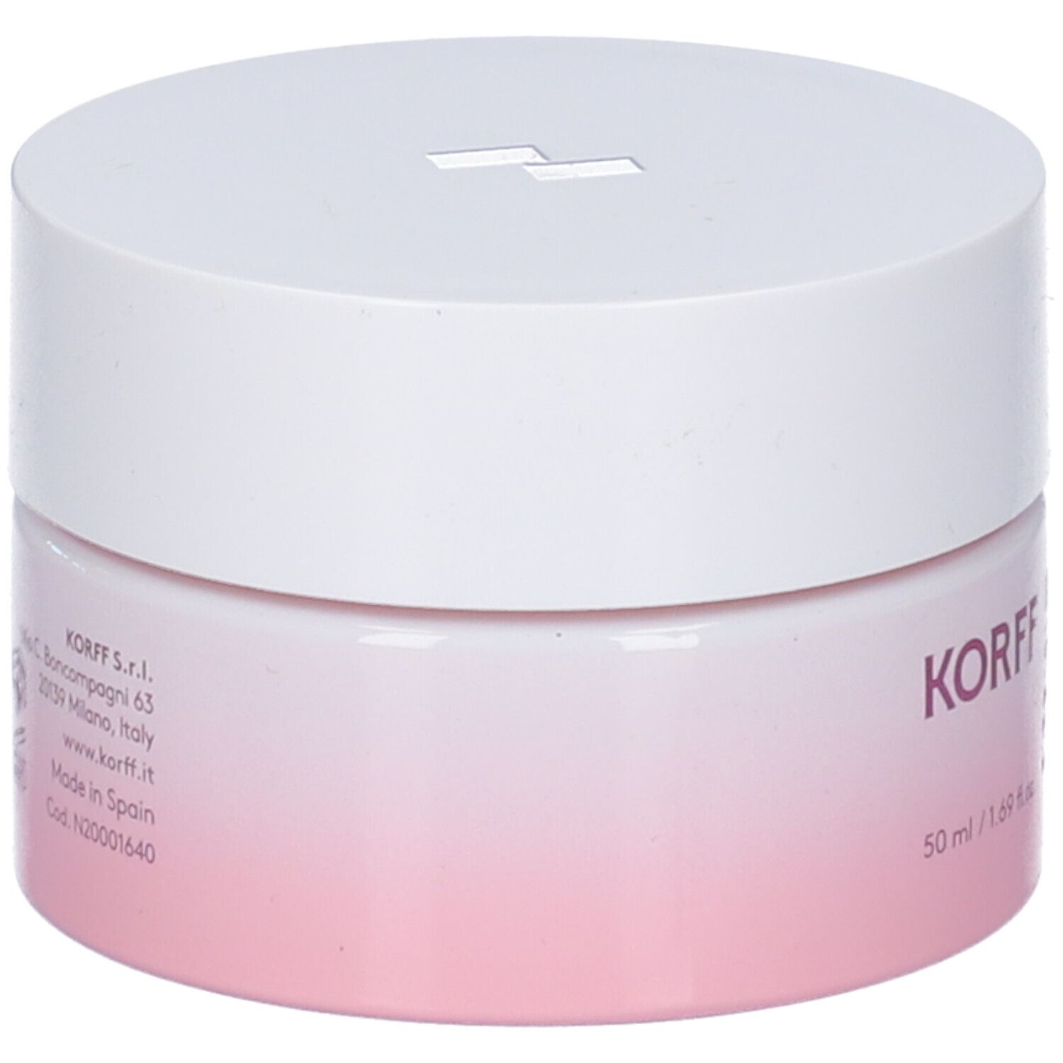 Korff Hydra Bank 100H Crema Gel Viso. Vasetto rosa e bianco. Informazioni sul prodotto e dettagli del produttore stampati.