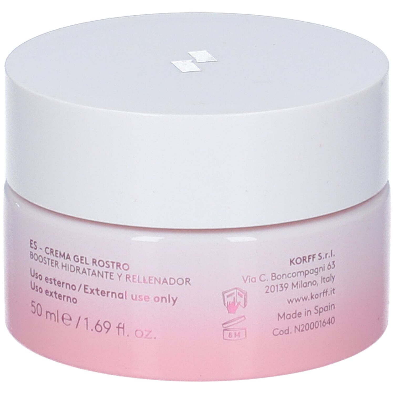 Korff Hydra Bank 100H Crema Gel Viso. Vasetto rosa e bianco. Informazioni sul prodotto e dettagli del produttore stampati.