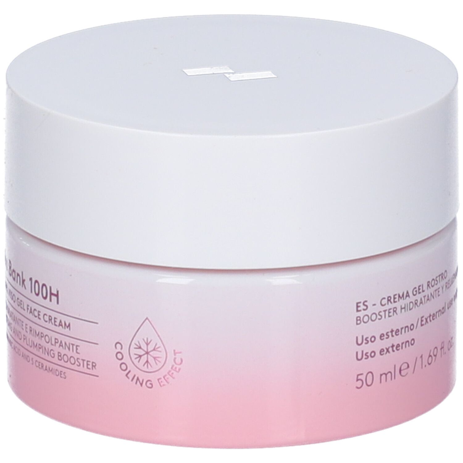 Korff Hydra Bank 100H Crema Gel Viso. Vasetto rosa e bianco. Informazioni sul prodotto e dettagli del produttore stampati.