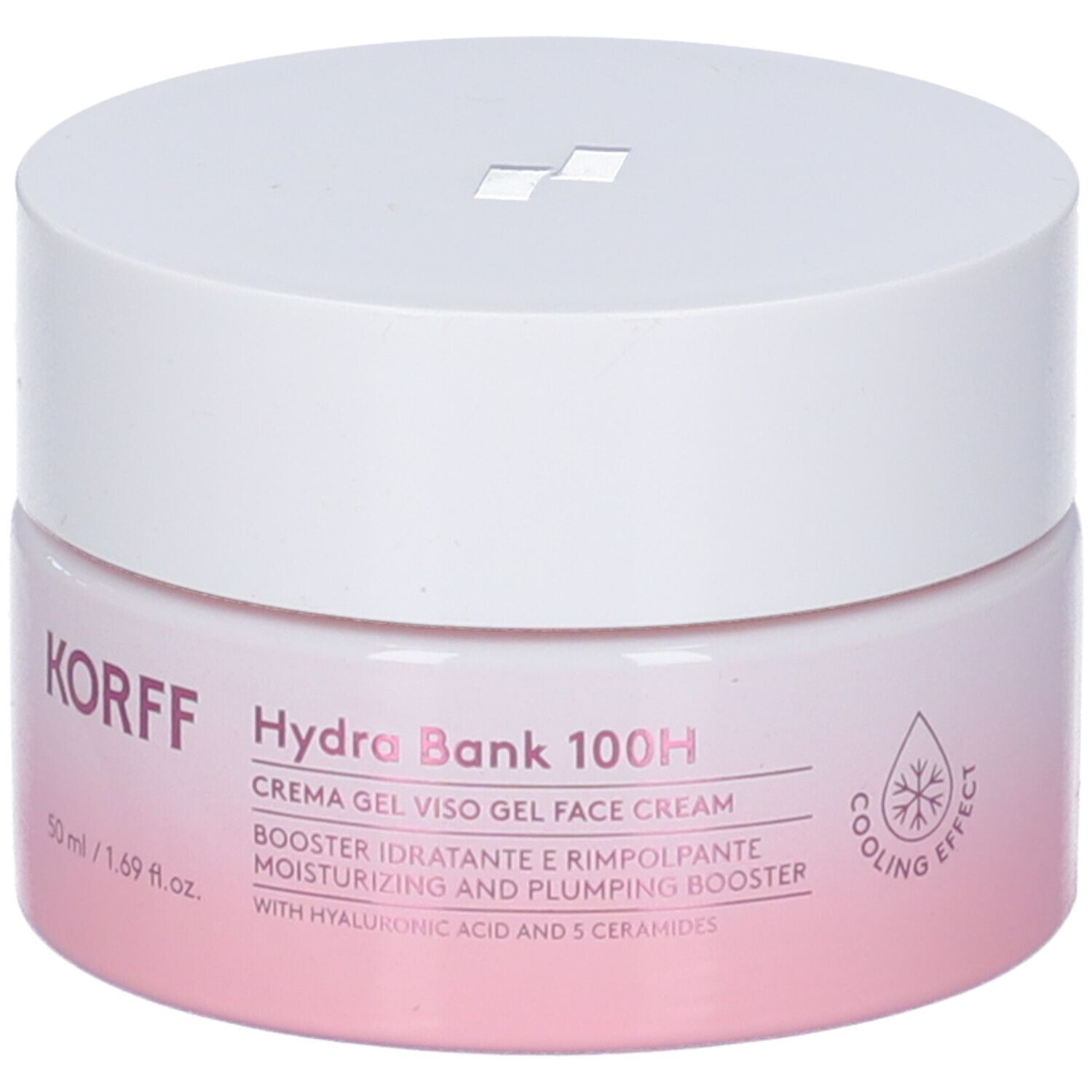 Korff Hydra Bank 100H Crema Gel Viso. Vasetto rosa e bianco. Informazioni sul prodotto e dettagli del produttore stampati.