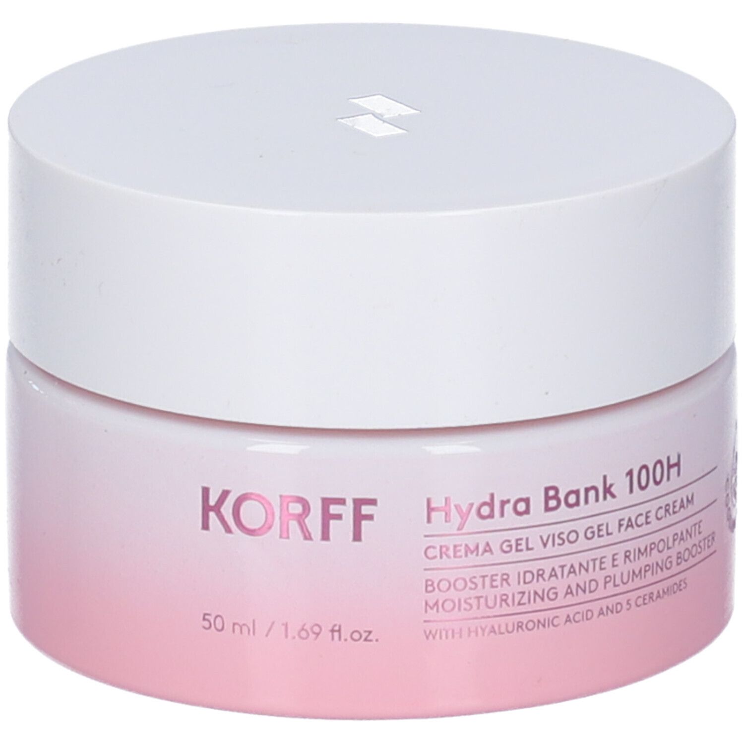 Korff Hydra Bank 100H Crema Gel Viso. Vasetto rosa e bianco. Informazioni sul prodotto e dettagli del produttore stampati.
