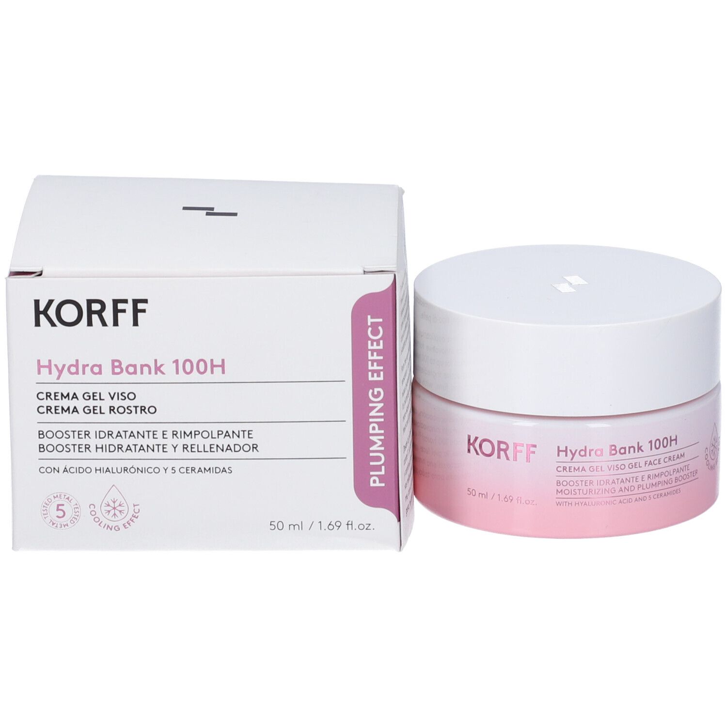 Korff Hydra Bank 100H Crema Gel Viso e confezione. Scatola bianca con informazioni sul prodotto e logo.
