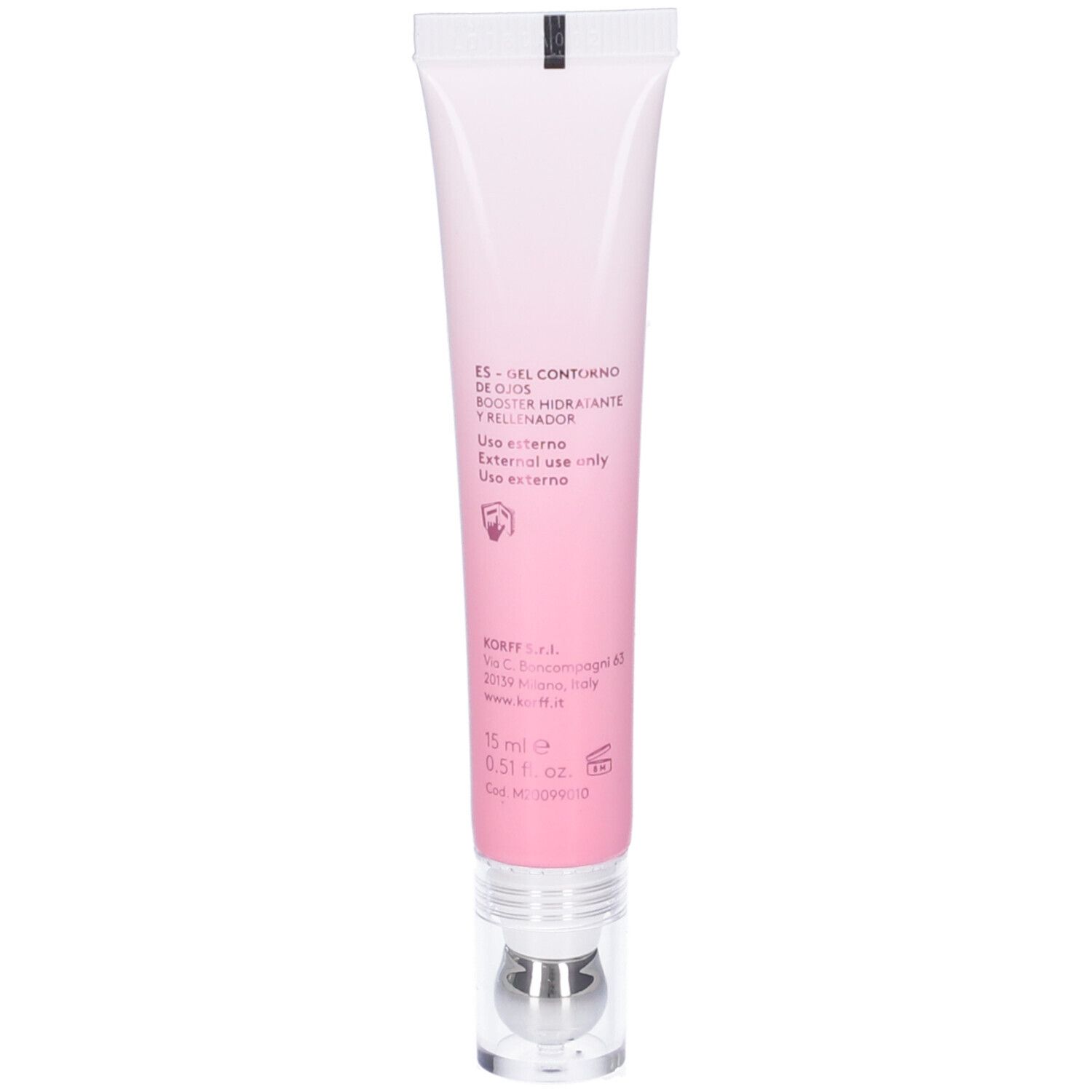 Retro del tubo rosa. Testo in spagnolo. 15 ml. Applicatore a sfera. Uso esterno.