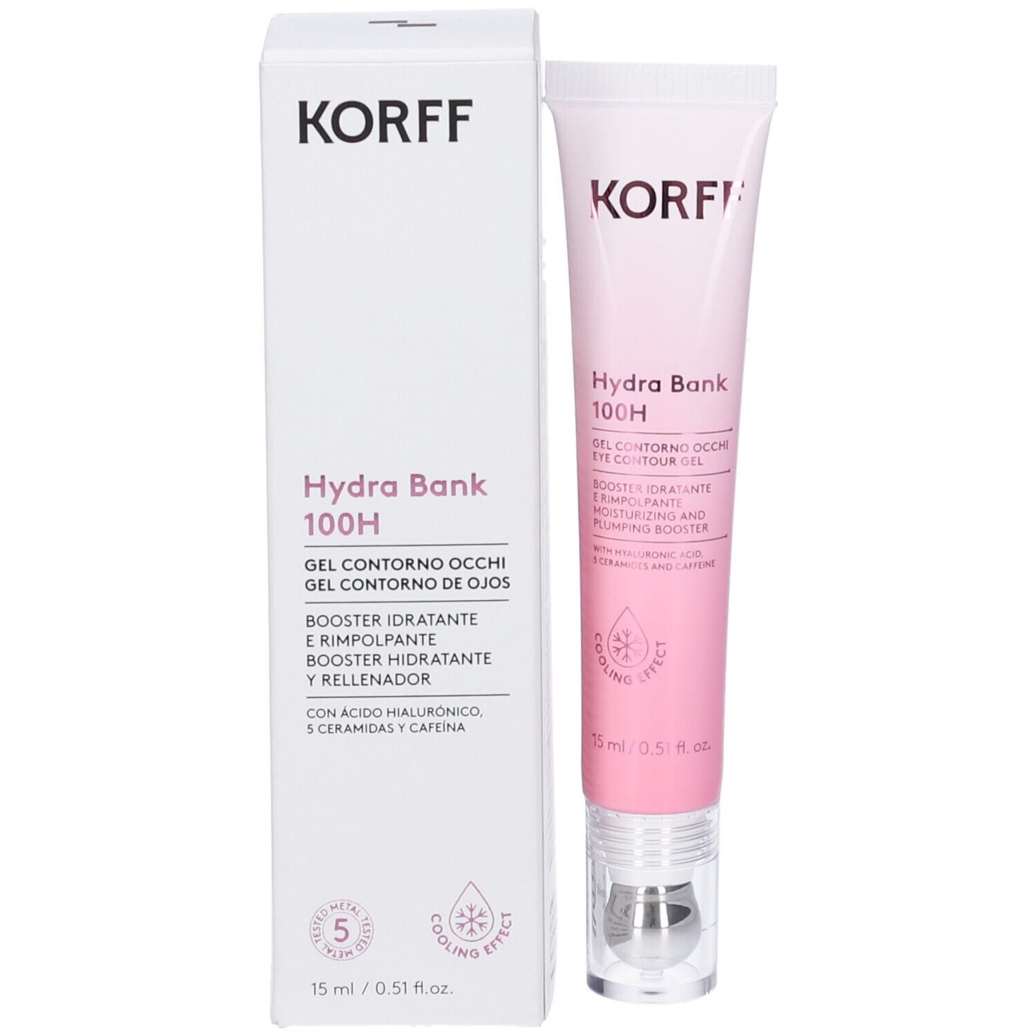 KORFF Hydra Bank 100H, gel contorno occhi, con confezione. Scatola bianca con informazioni. 15 ml.