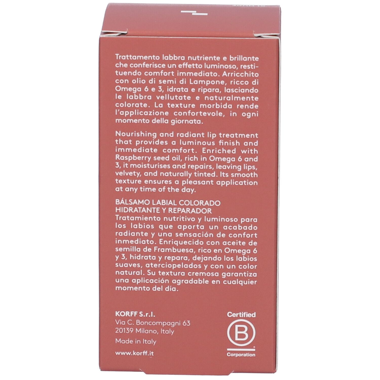 Testo sulla confezione del balsamo labbra. Descrizione del prodotto e ingredienti.