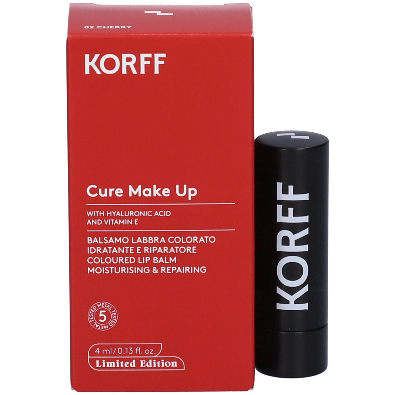 Confezione rossa e stick balsamo labbra nero. Sulla confezione KORFF e Cure Make Up.
