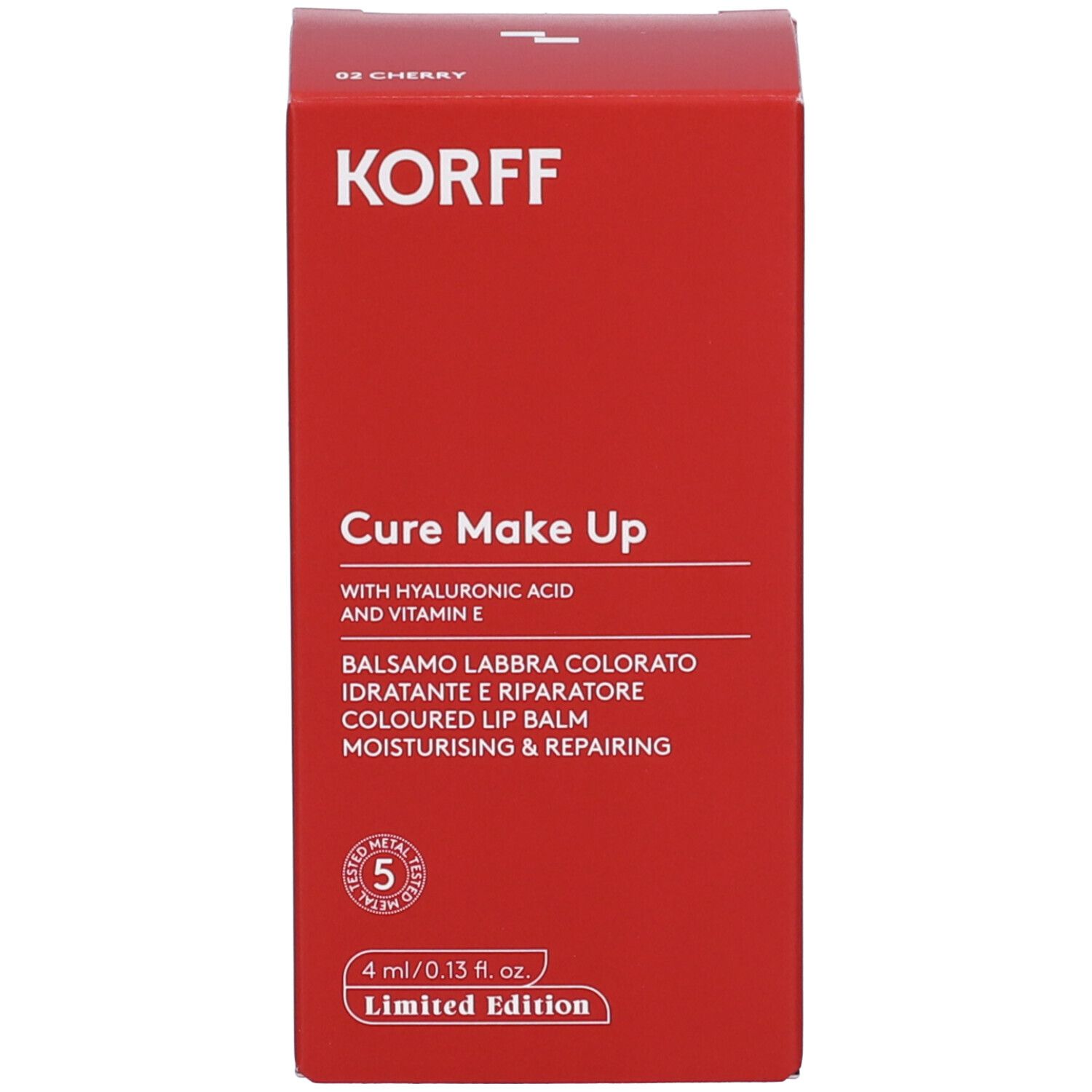 Confezione rossa con testo bianco. Scritta: KORFF, Cure Make Up, Balsamo Labbra Colorato.