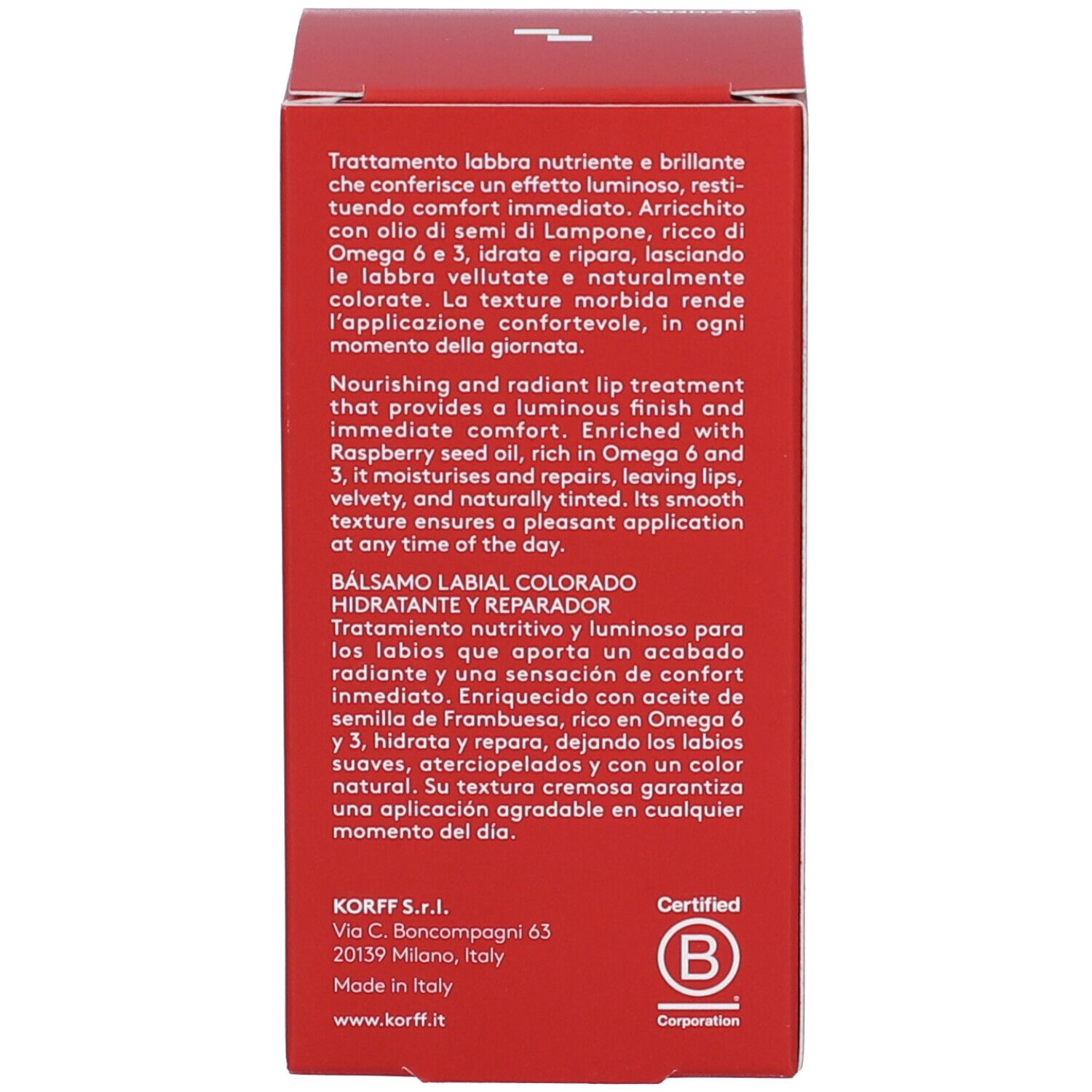 Confezione rossa con descrizione del prodotto in più lingue. Logo 'Certified B Corporation'.