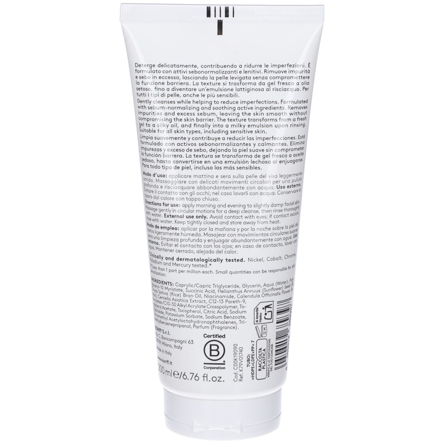 Retro del tubo bianco. Testo multilingue. 200 ml. Logo di certificazione. Ingredienti.