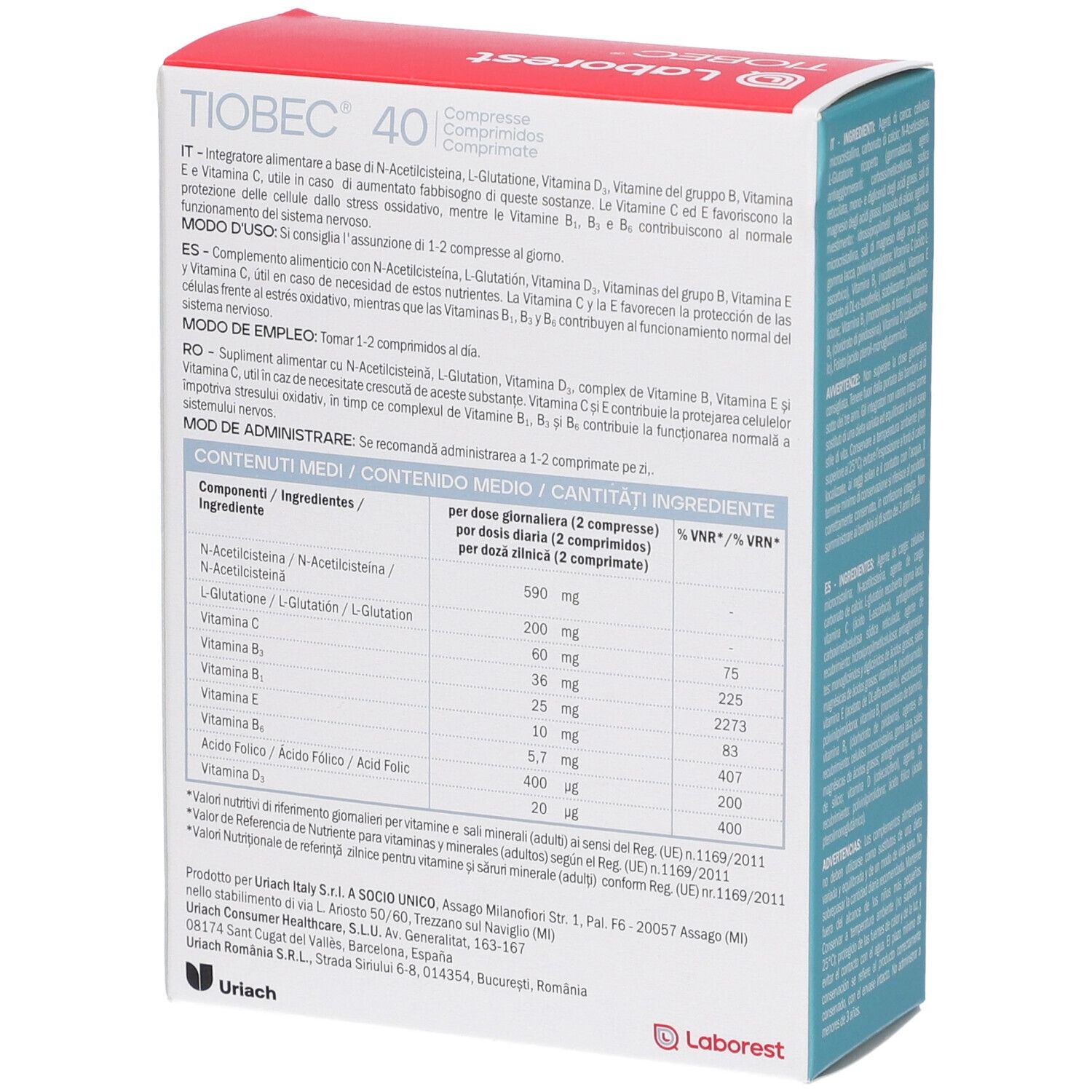 Confezione TIOBEC 40CPR NF. Contiene informazioni su ingredienti e dosaggio. Testo in italiano. Logo Laborest.
