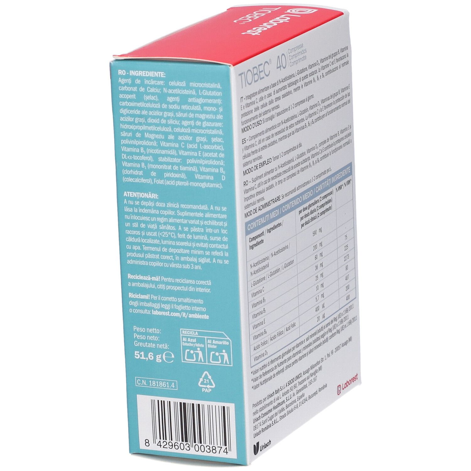 Retro della confezione TIOBEC 40CPR NF. Contiene informazioni in italiano. Peso 51,6 g. Codice a barre.