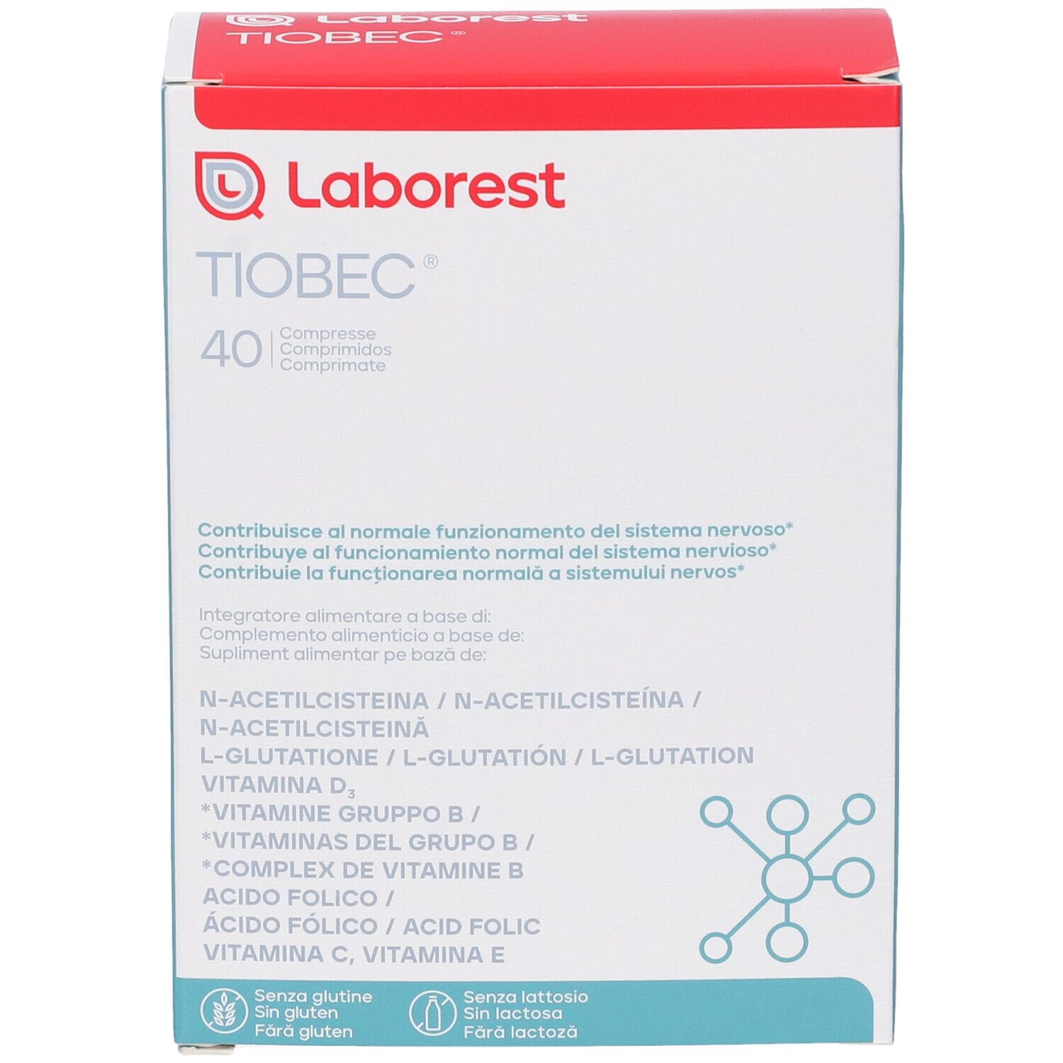 Fronte della confezione TIOBEC 40CPR NF. Logo Laborest. Contiene informazioni sugli ingredienti. 40 compresse.