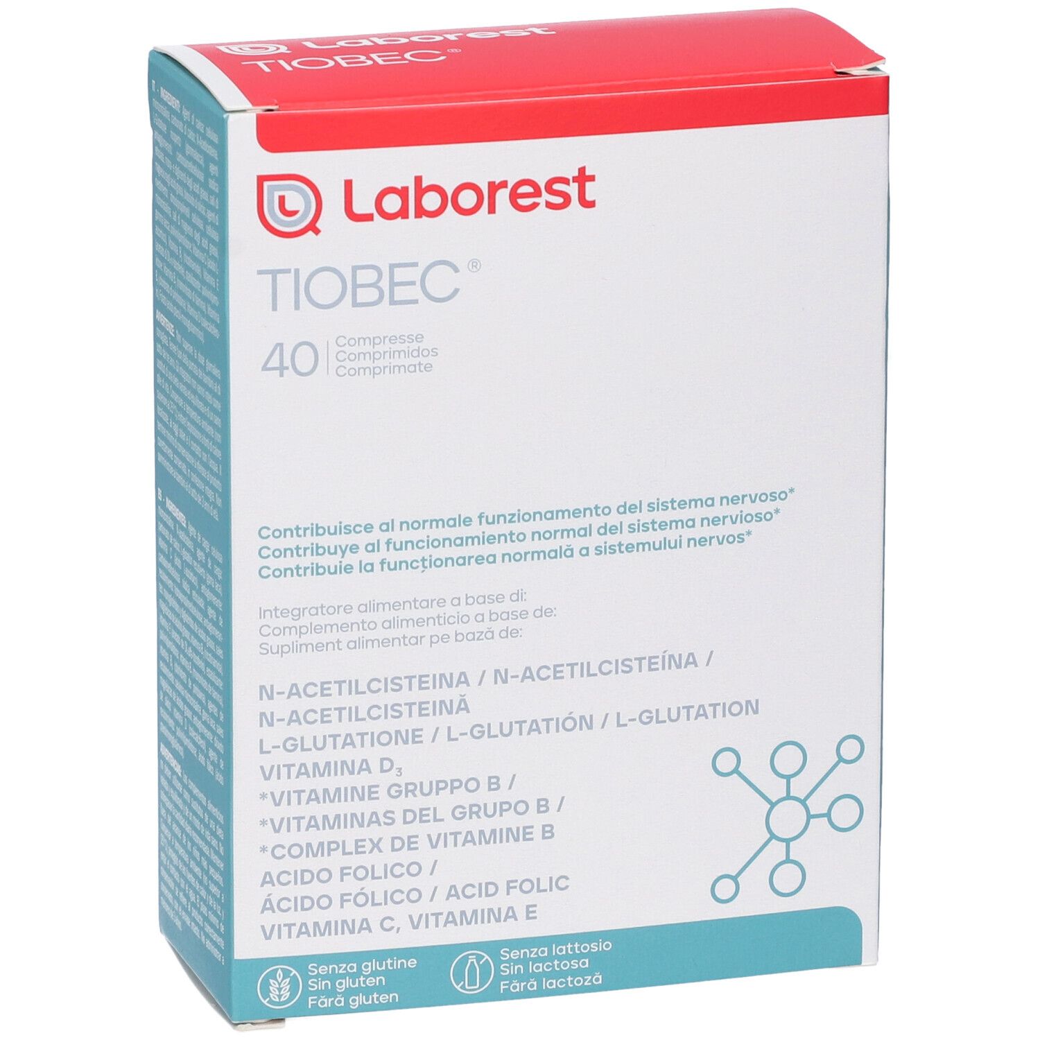 Fronte della confezione TIOBEC 40CPR NF. Logo Laborest. Contiene informazioni sugli ingredienti. 40 compresse.