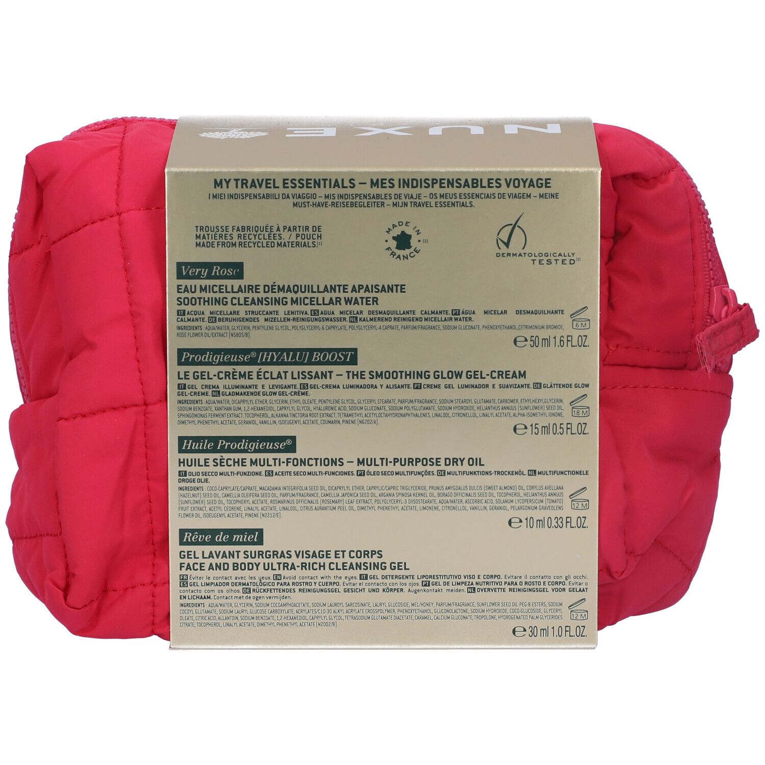 Retro della pochette cosmetica rossa con prodotti Nuxe. Testo multilingue. Contiene nomi e informazioni dei prodotti.