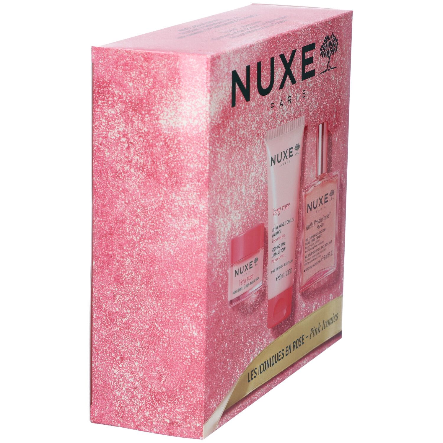 Confezione regalo Nuxe con bagnoschiuma, olio corpo e crema mani. Confezione rosa glitterata.