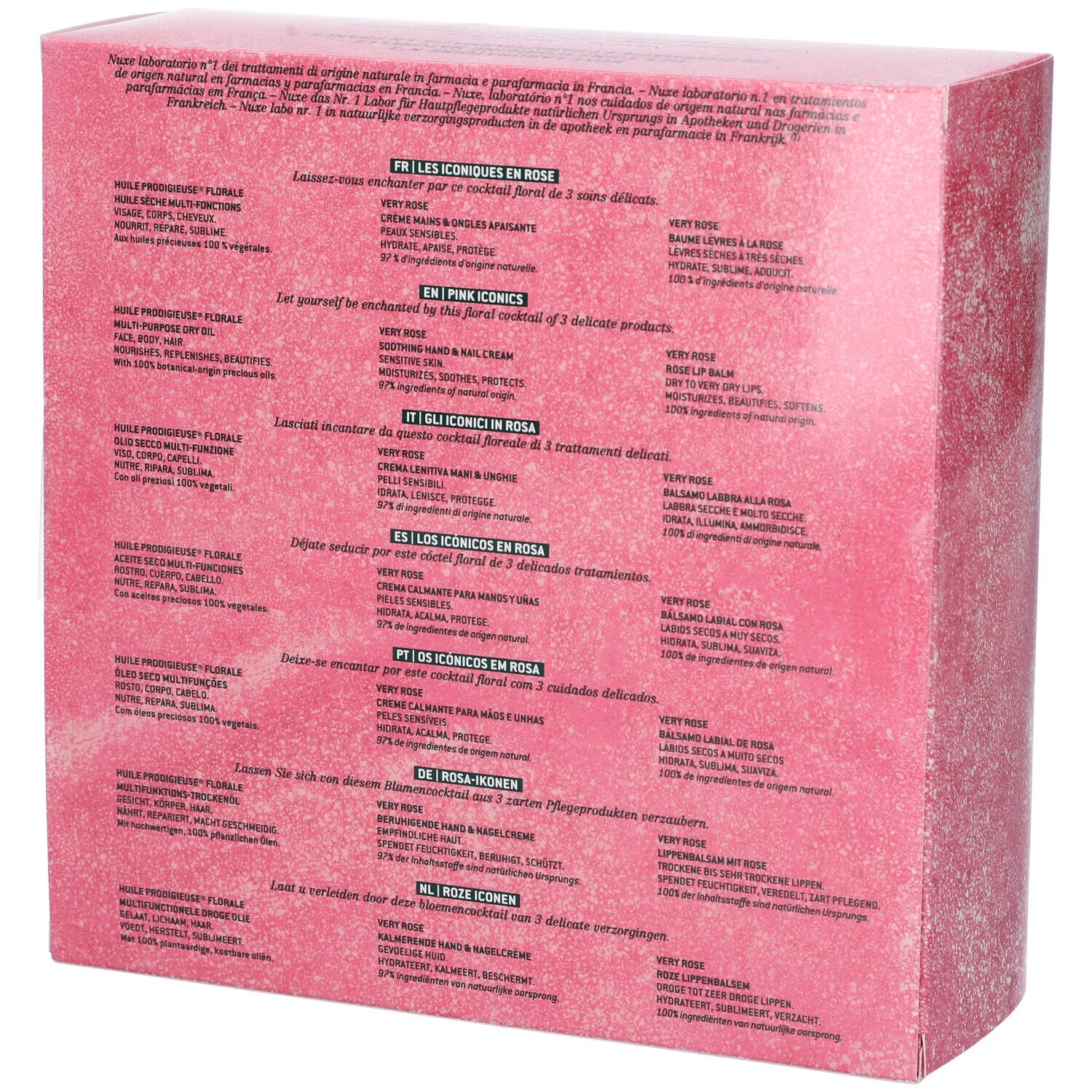 Confezione regalo Nuxe con Huile Prodigieuse, crema mani e balsamo labbra in confezione rosa.