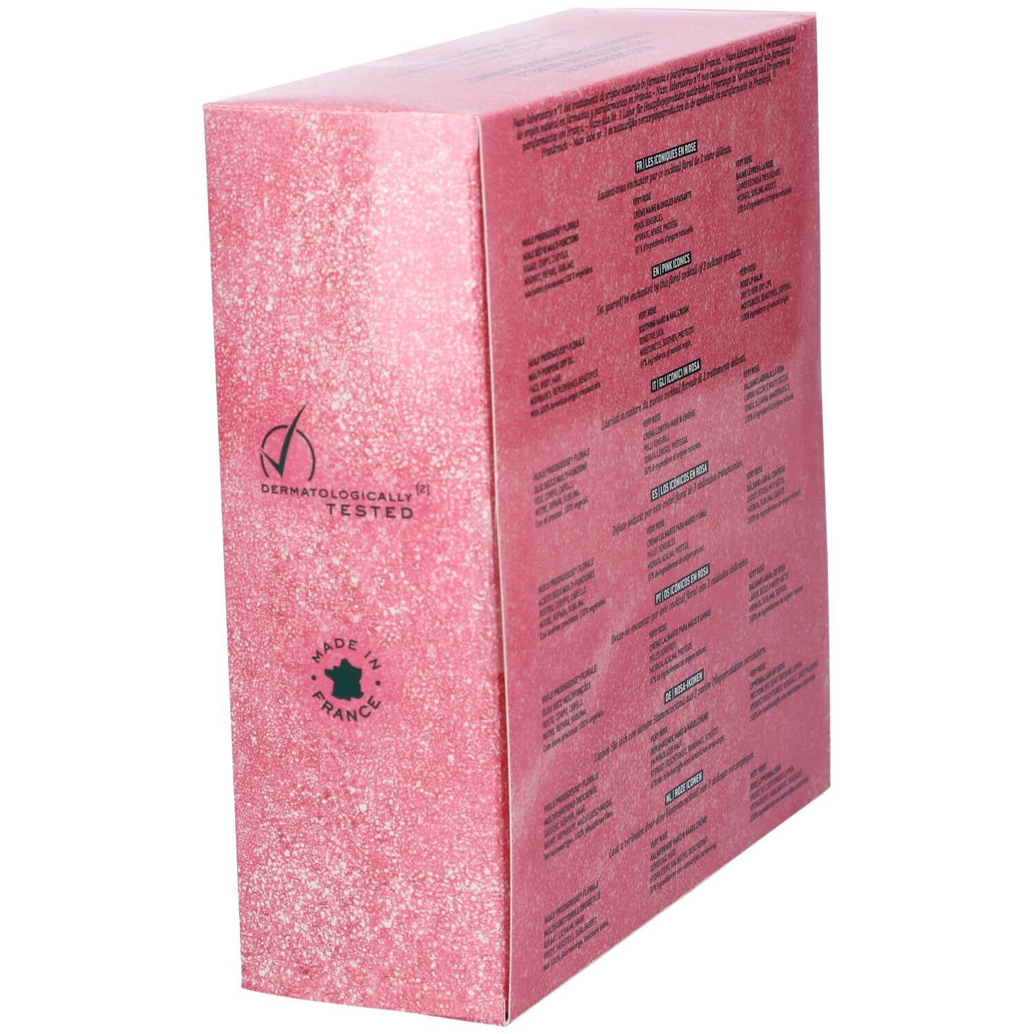Confezione regalo Nuxe con bagnoschiuma, olio corpo e crema mani. Confezione rosa glitterata.