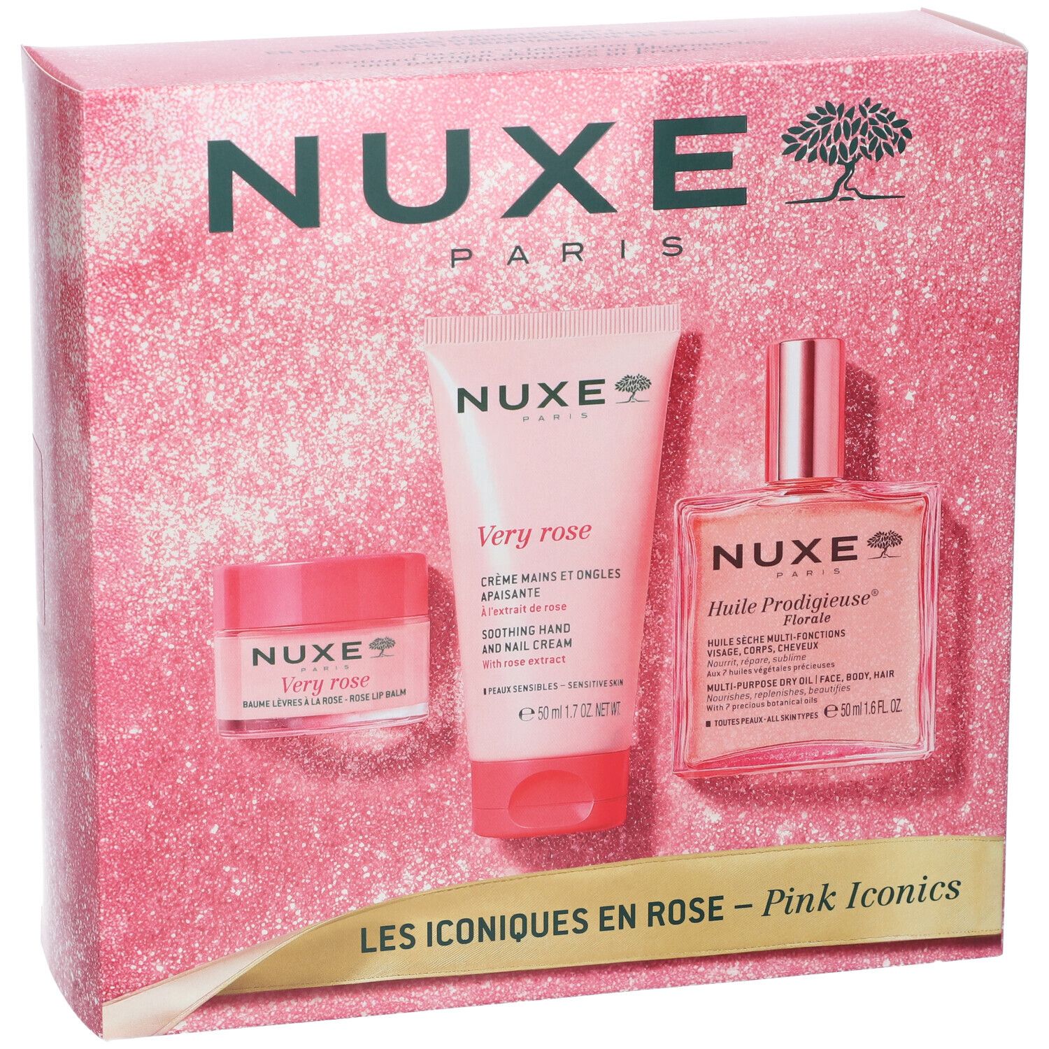 Set regalo NUXE con crema mani, balsamo labbra e olio corpo. Serie 'Very Rose'.