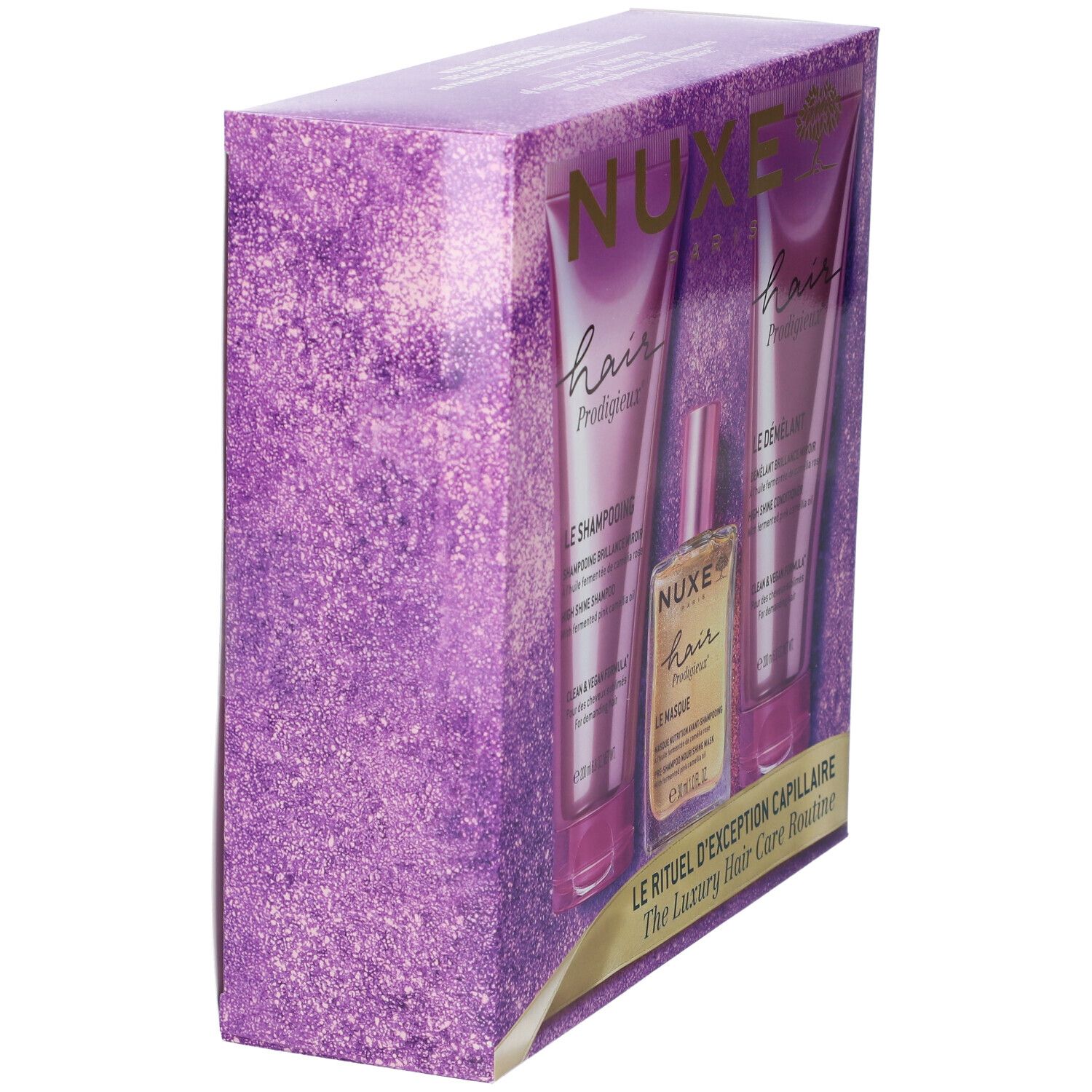 Set Nuxe per capelli con shampoo, balsamo e olio per capelli in una scatola regalo scintillante.