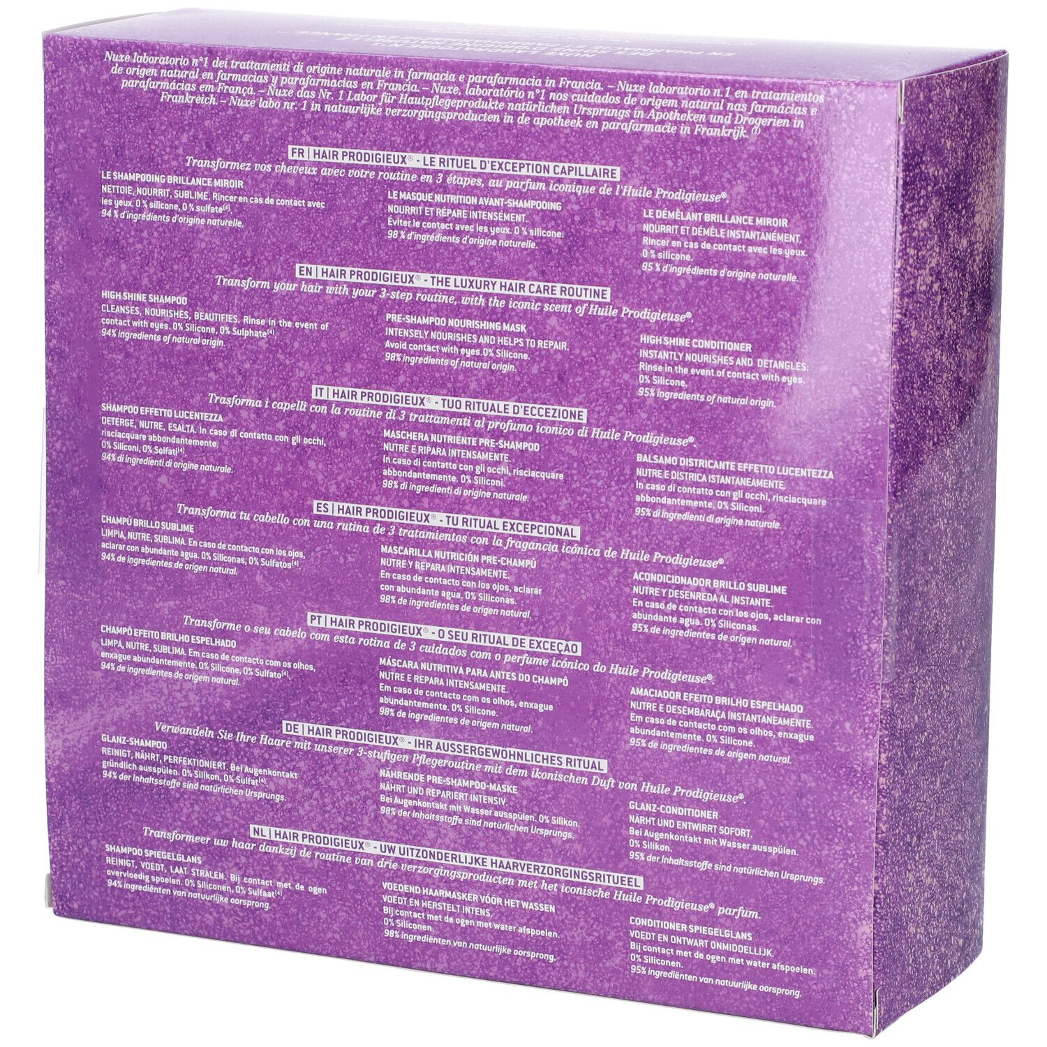 Confezione viola con informazioni prodotto multilingue per la cura dei capelli.