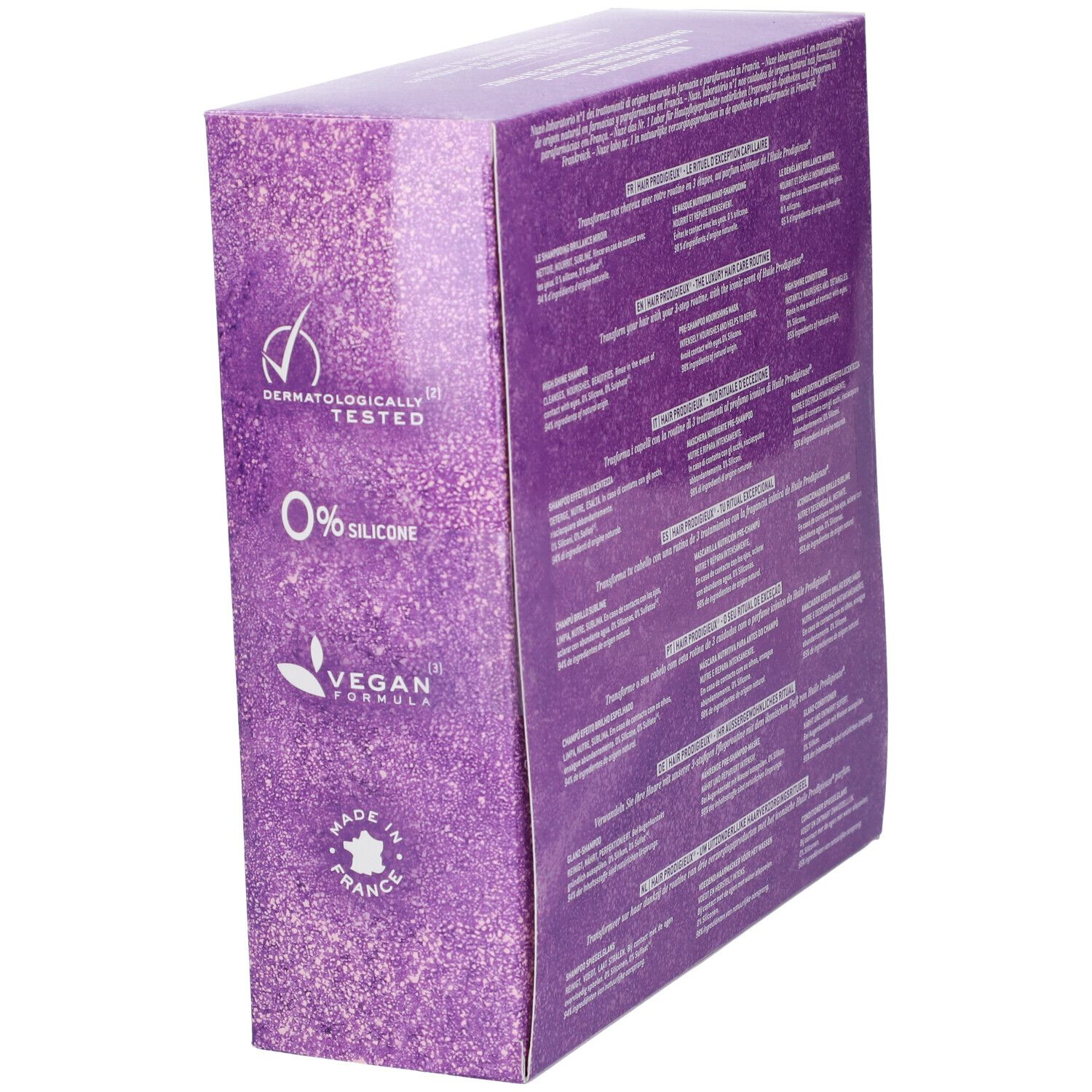 Confezione viola scintillante con sigilli: Testato dermatologicamente, 0% Silicone, Formula Vegana, Prodotto in Francia.