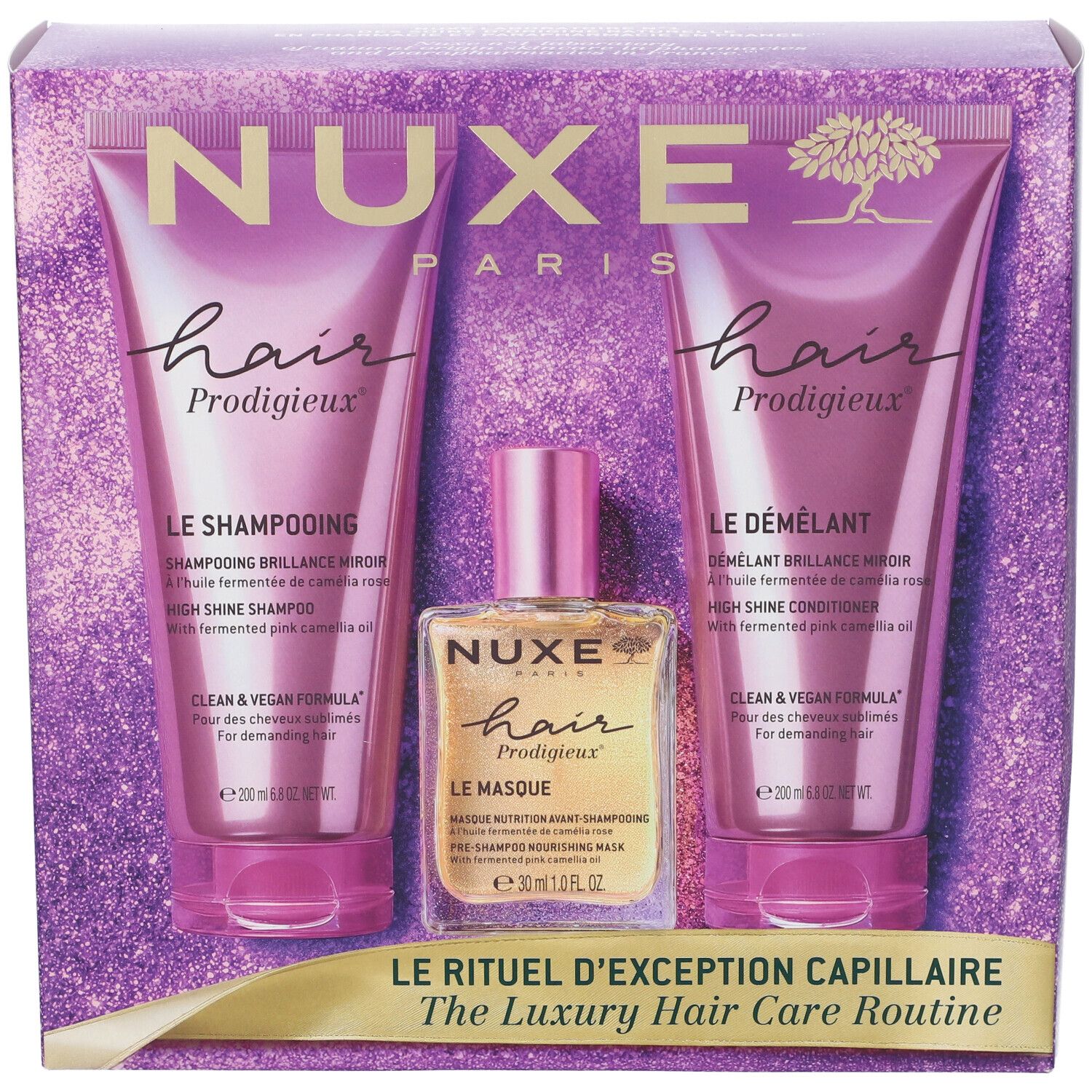 Nuxe Hair Prodigieux Routine di cura dei capelli di lusso: Shampoo, Balsamo e Olio.