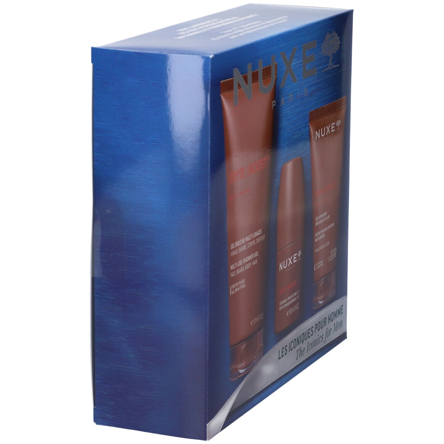 Set Nuxe Les Iconiques pour Homme in confezione blu con bagnoschiuma, deodorante roll-on e crema idratante.