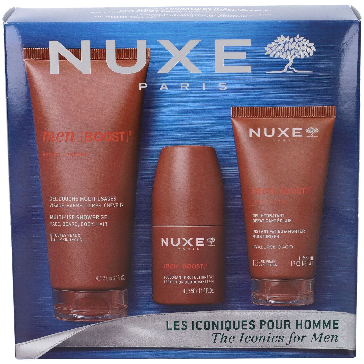 Set Nuxe Les Iconiques pour Homme con bagnoschiuma, deodorante roll-on e crema idratante.