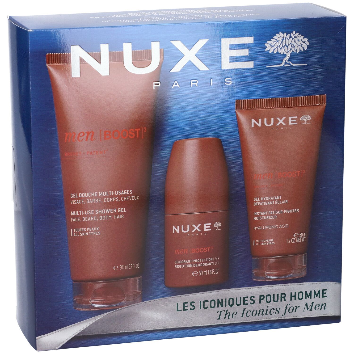 Set regalo Nuxe Men Boost con bagnoschiuma, deodorante e crema idratante.