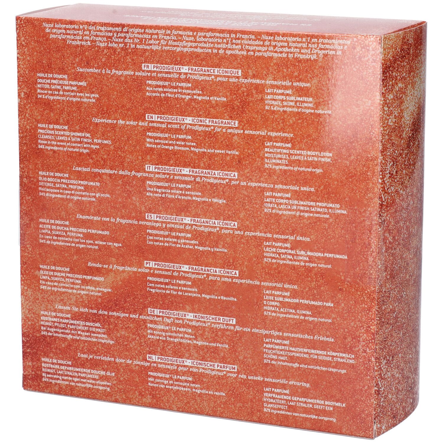 Retro di una confezione regalo con descrizioni multilingue del prodotto e finitura glitterata.
