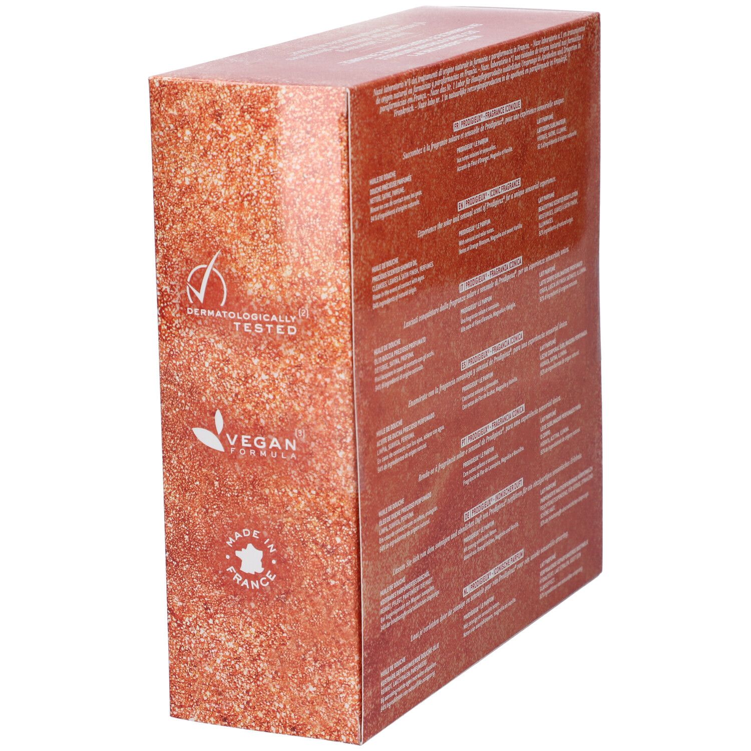 Confezione con sigilli 'Dermatologically Tested', 'Vegan Formula' e 'Made in France'.