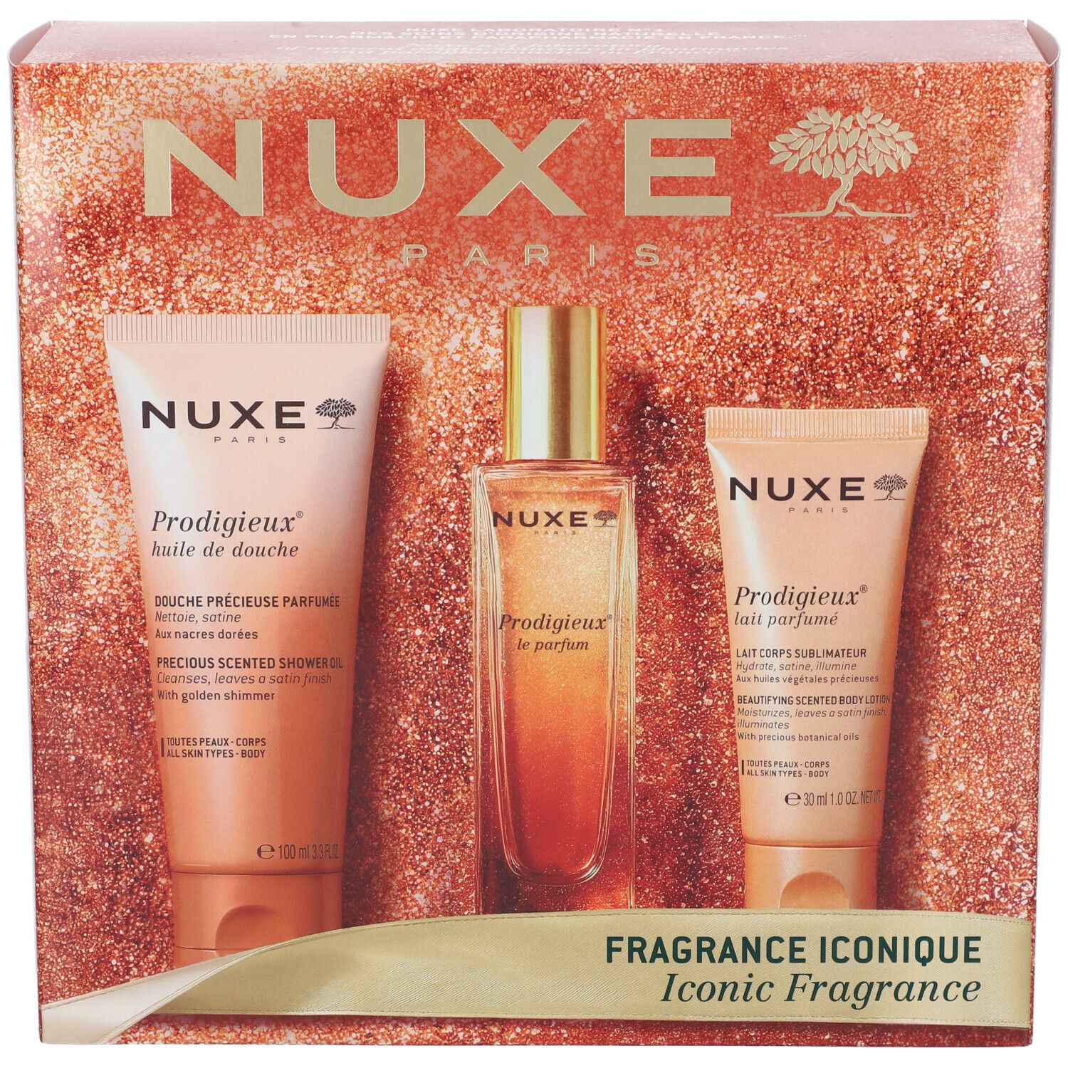 Set regalo NUXE con olio doccia, profumo e latte corpo.