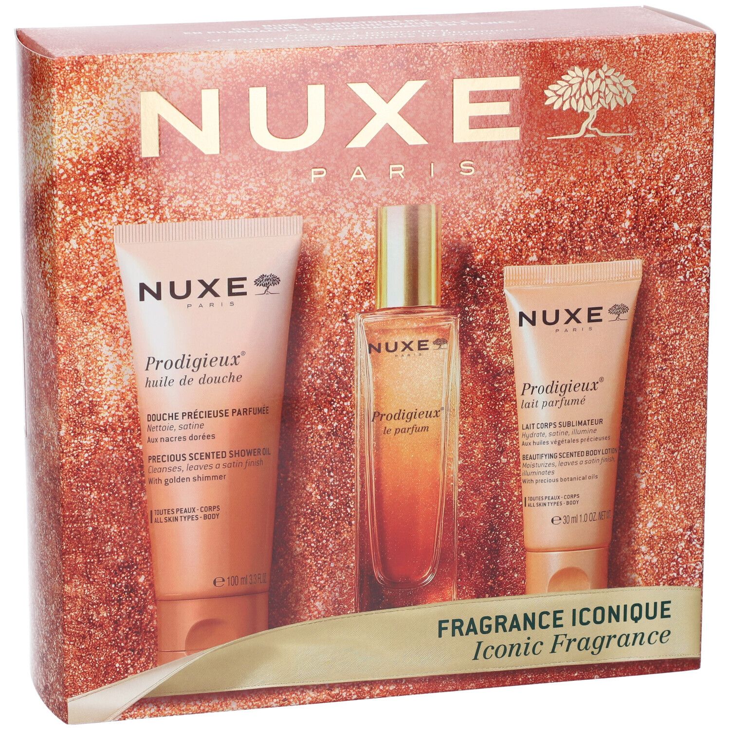 Set regalo Nuxe con bagnoschiuma, profumo e lozione per il corpo.