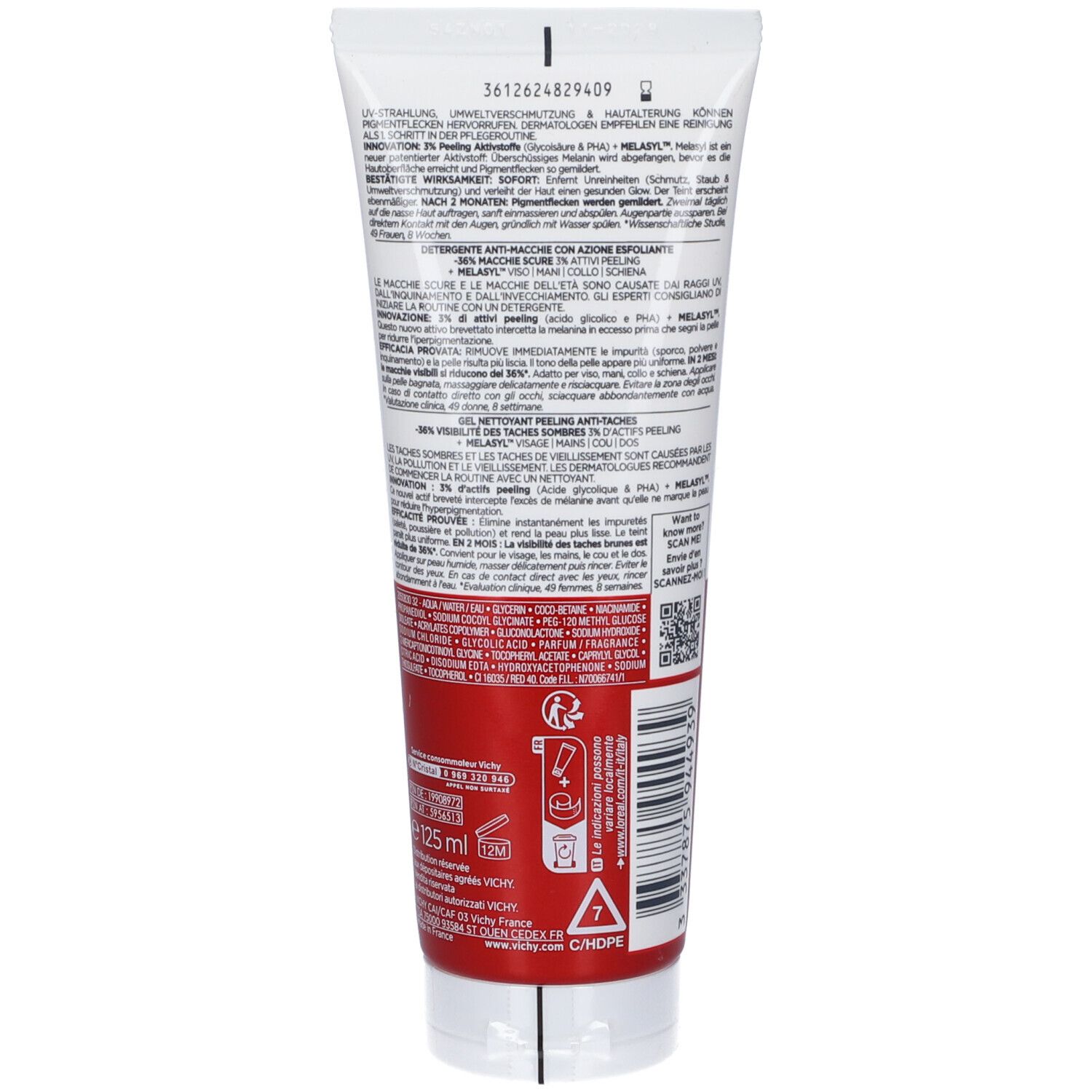 Retro del tubo Vichy Liftactiv Pigment Specialist B3 Peeling Waschgel con informazioni dettagliate sul prodotto e istruzioni.