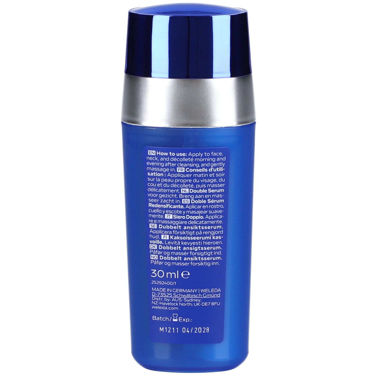 Retro del flacone. Weleda Exo Boost Double Serum. Testo multilingue. 30 ml. Prodotto in Germania.