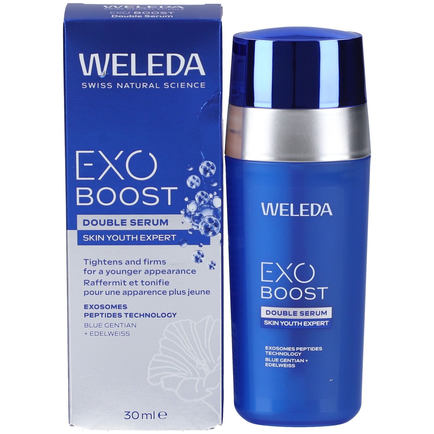 Confezione blu. Weleda Exo Boost Double Serum. 30 ml. Testo bianco. Swiss Natural Science.
